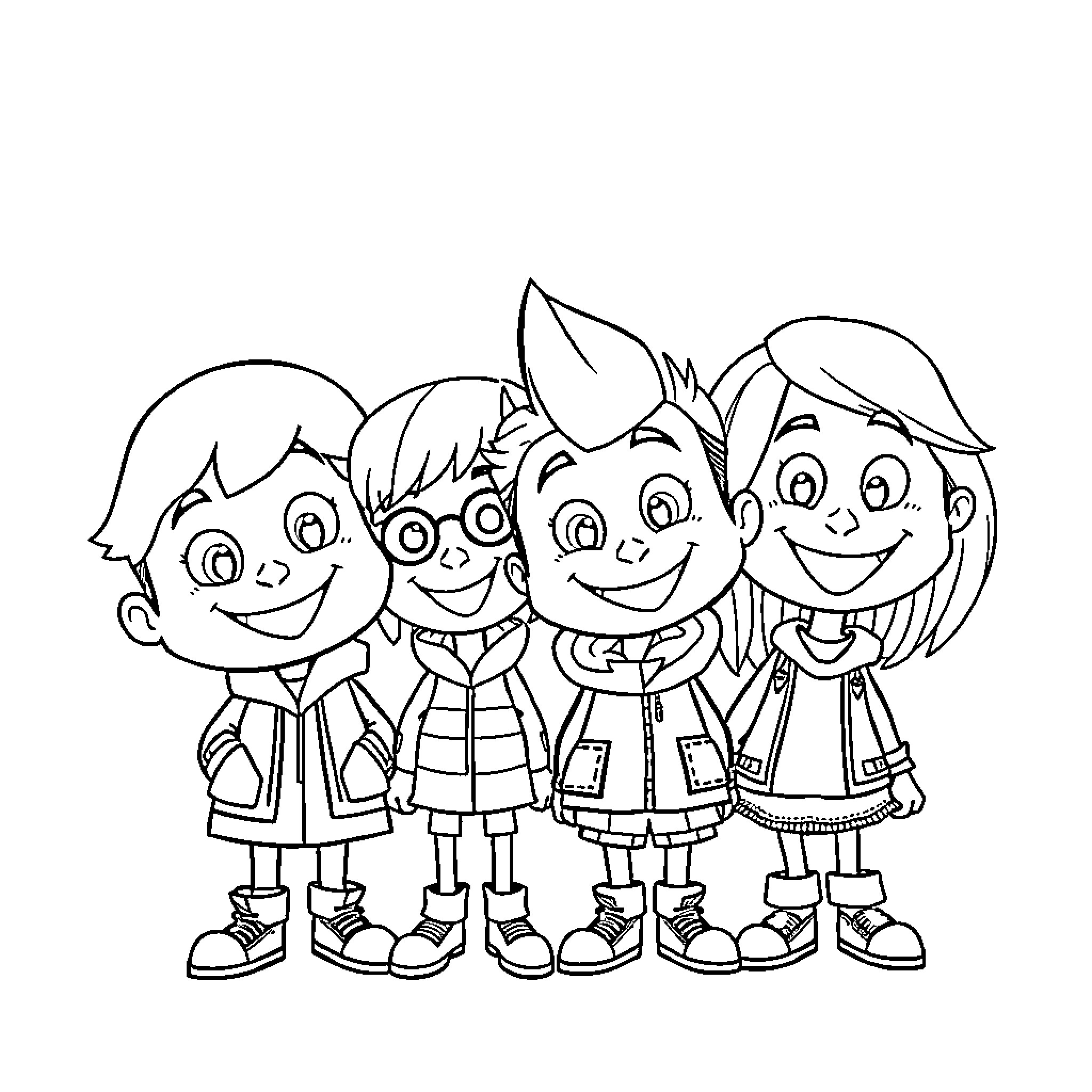 Cartoon Character Friends Posing Together Coloring Page (free black-and-white line drawing printable PDF for all, from beginners to advanced learners, including children, teens, adults, and seniors)