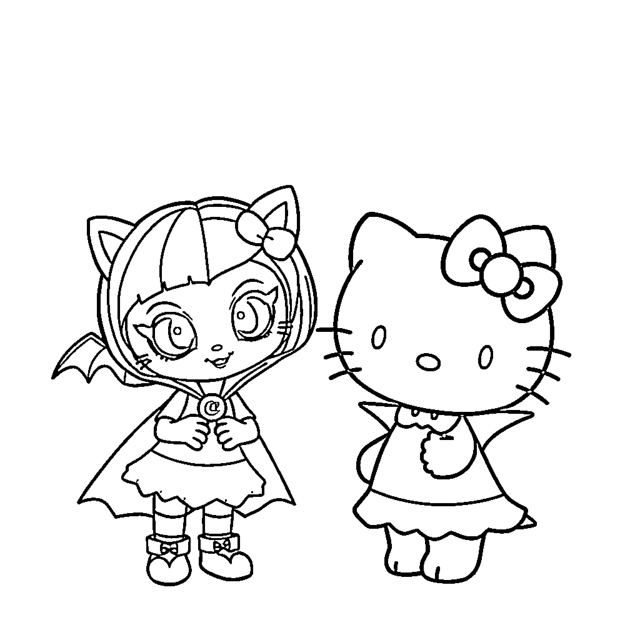 Hello Kitty and Bat Girl Posing Together Coloring Page (free black-and-white line drawing printable PDF for all, from beginners to advanced learners, including children, teens, adults, and seniors)