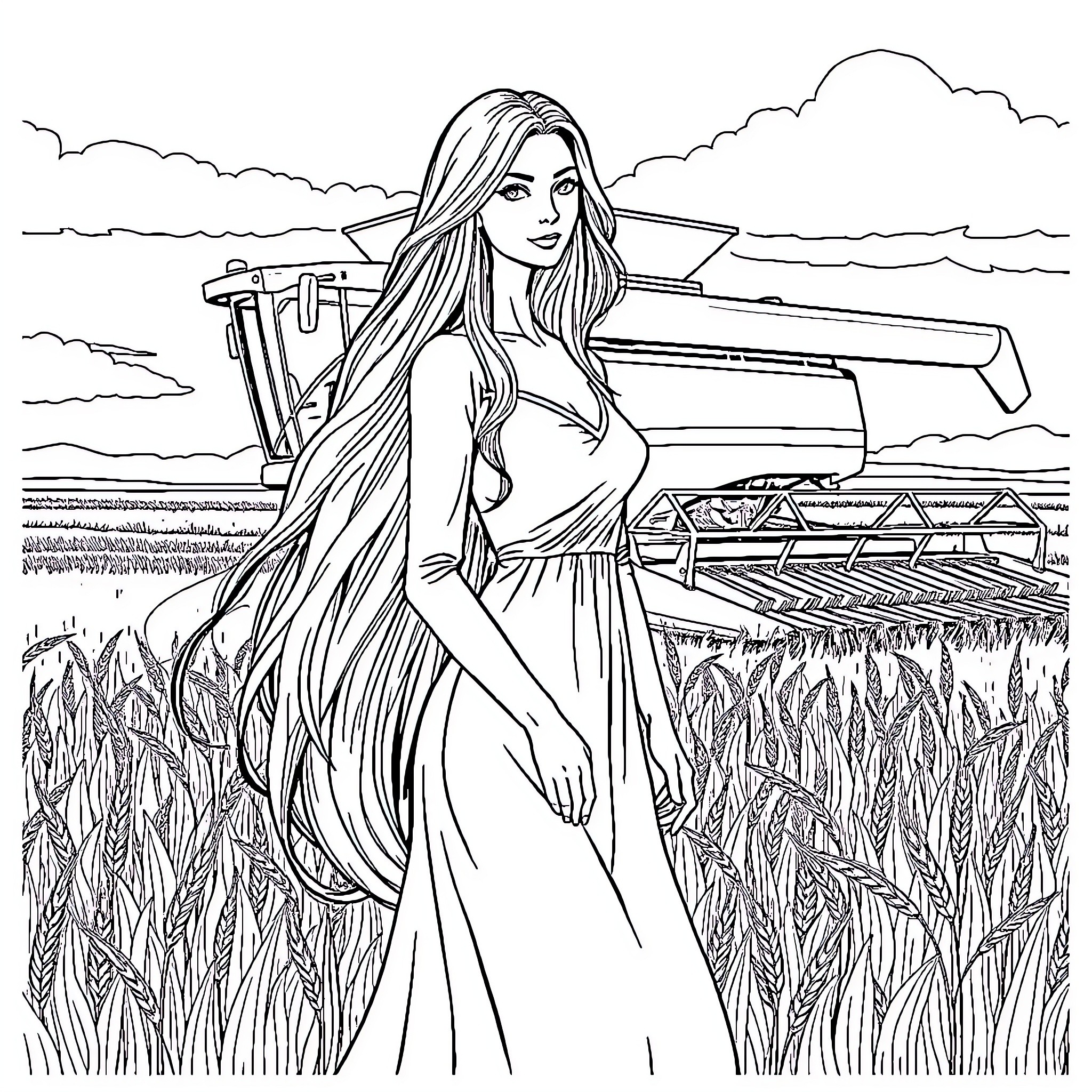 Lady in flowing dress in rural landscape Coloring Page (free black-and-white line drawing printable PDF for all, from beginners to advanced learners, including children, teens, adults, and seniors)