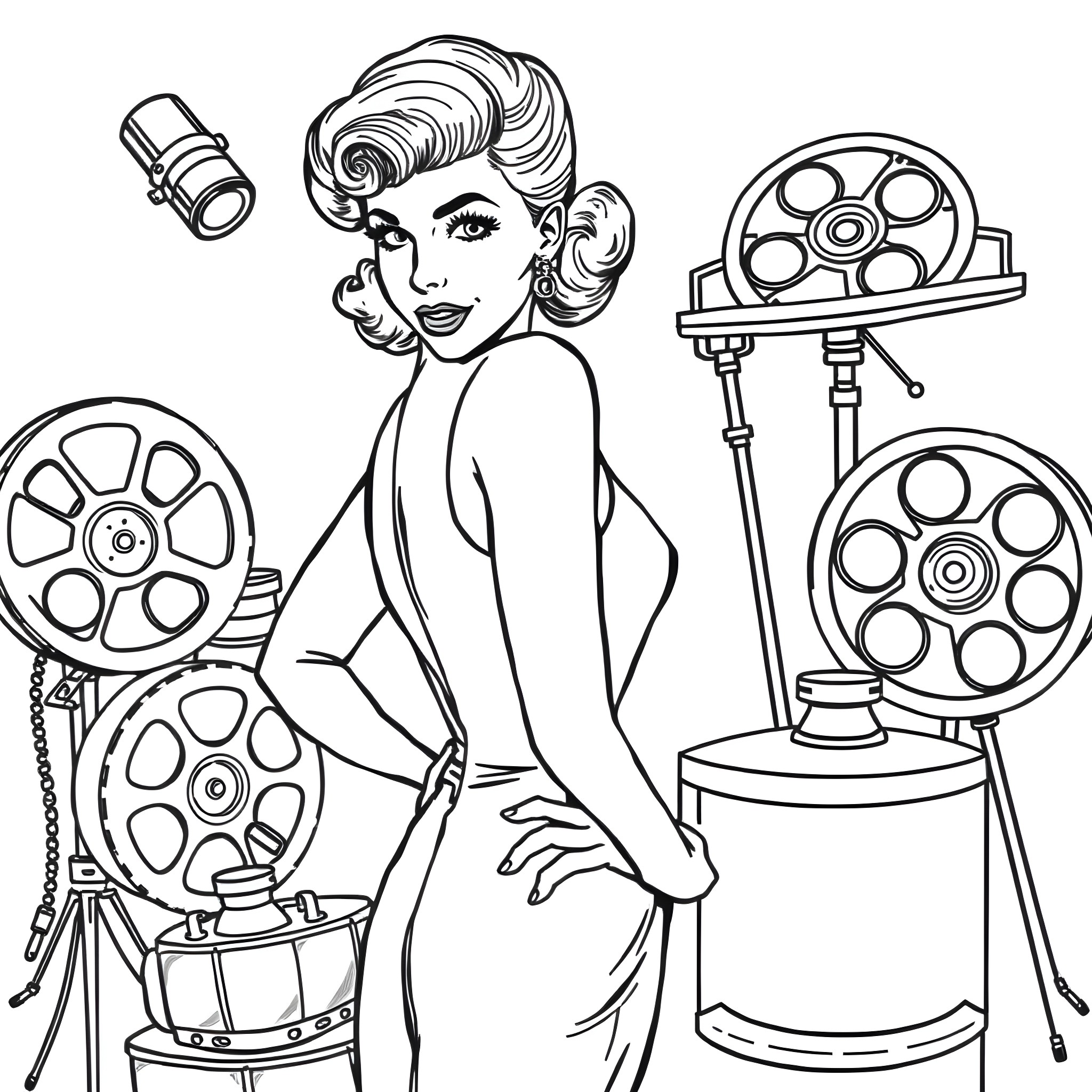 Betty Paige: Glamorous Movie Star with Vintage Film Equipment Coloring Page (free black-and-white line drawing printable PDF for all, from beginners to advanced learners, including children, teens, adults, and seniors)
