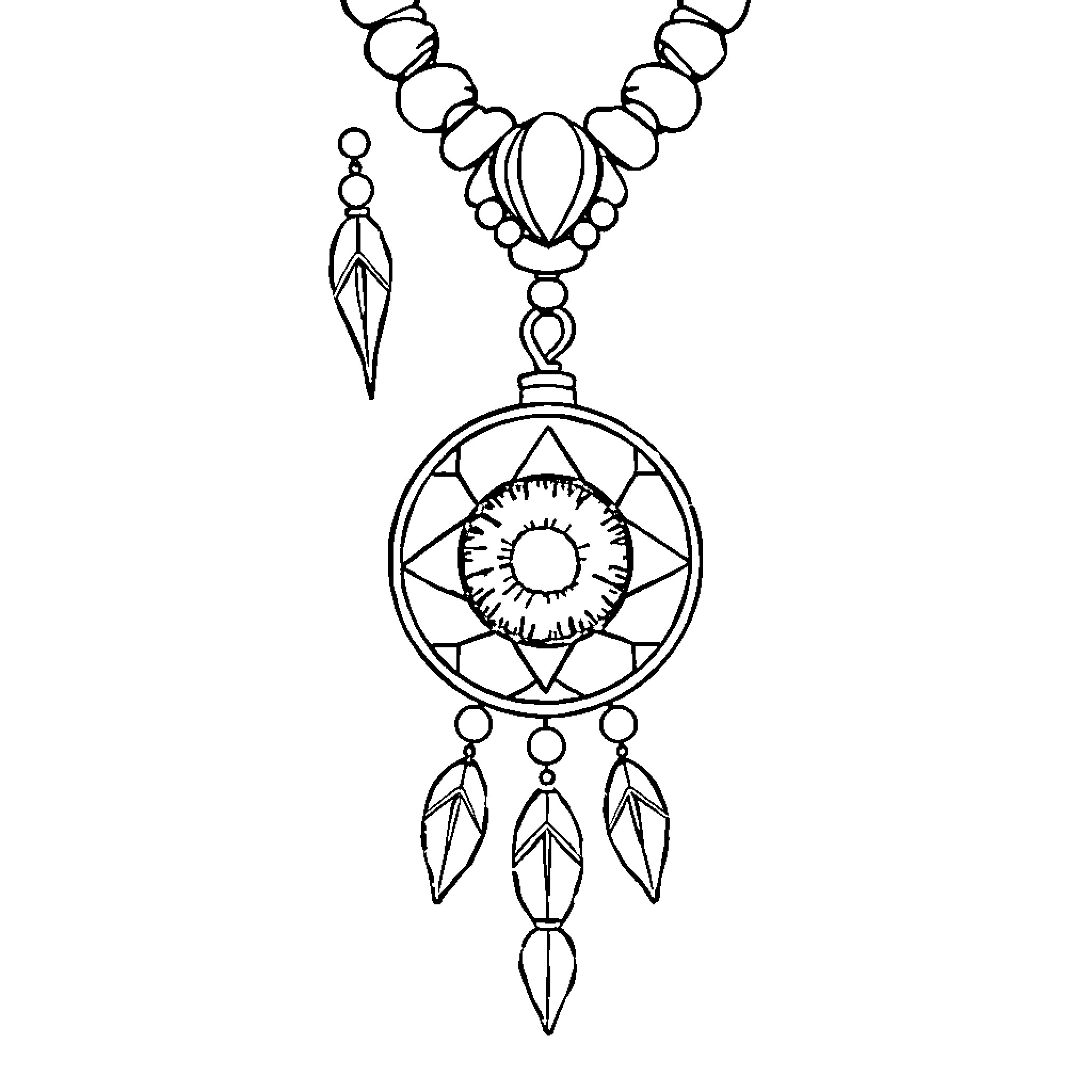 Turkish Eye Pendant with Dreamcatcher Motif Coloring Page (free black-and-white line drawing printable PDF for all, from beginners to advanced learners, including children, teens, adults, and seniors)