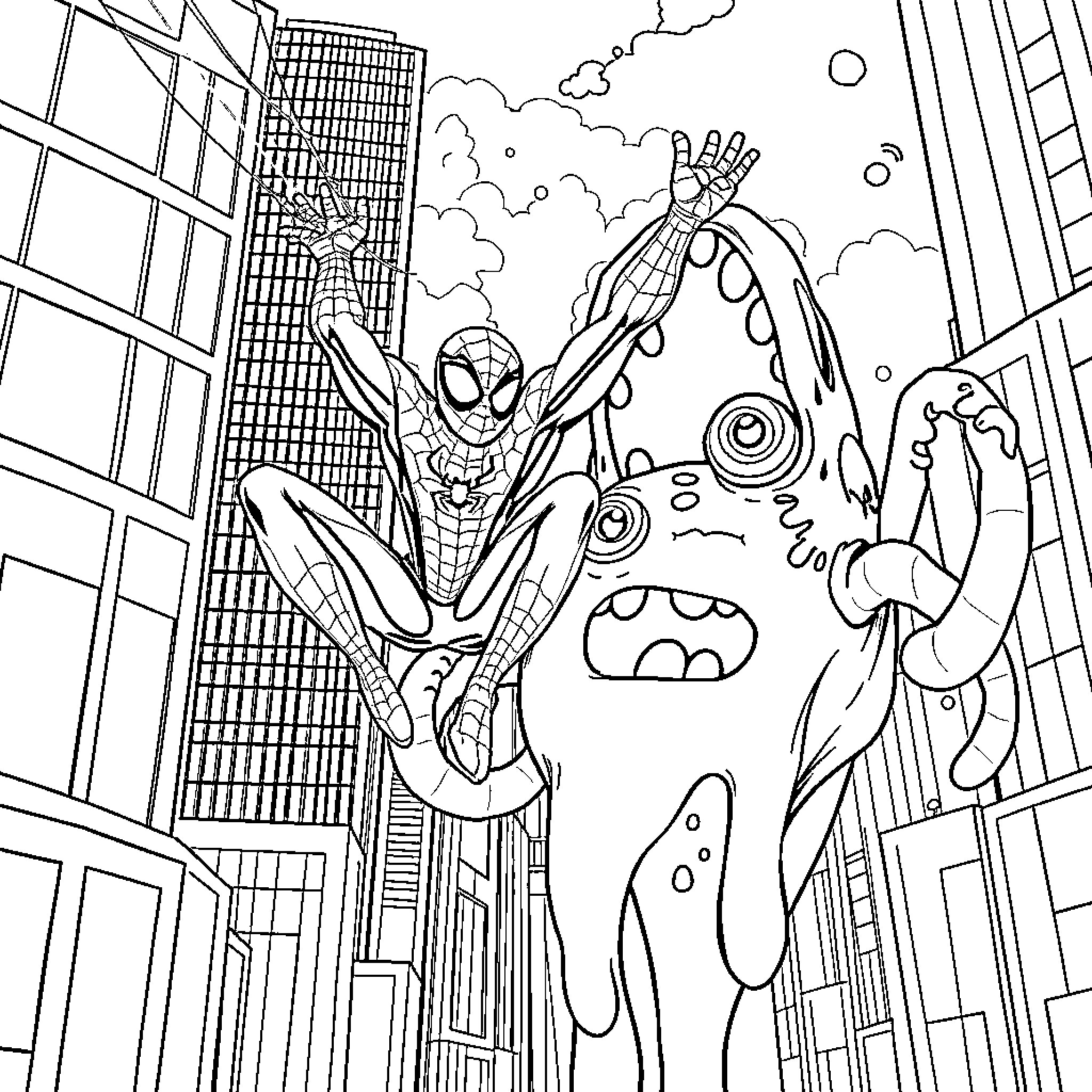Spiderman web-slinging through the city skyline Coloring Page (free black-and-white line drawing printable PDF for all, from beginners to advanced learners, including children, teens, adults, and seniors)