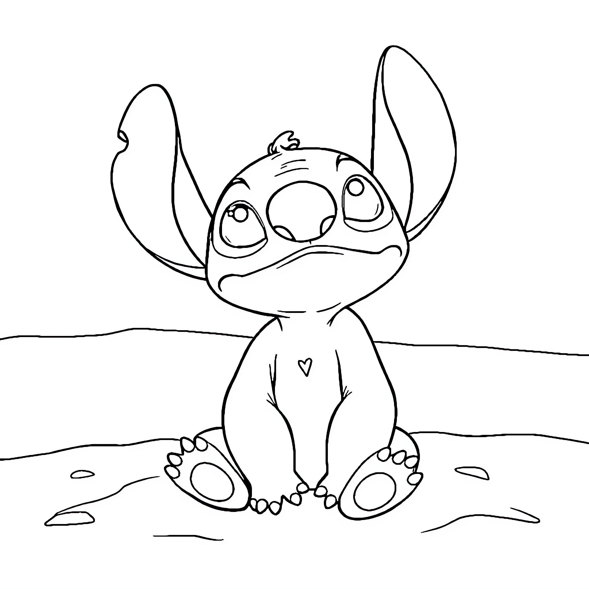 Stitch sitting peacefully on the ground Coloring Page (free black-and-white line drawing printable PDF for all, from beginners to advanced learners, including children, teens, adults, and seniors)