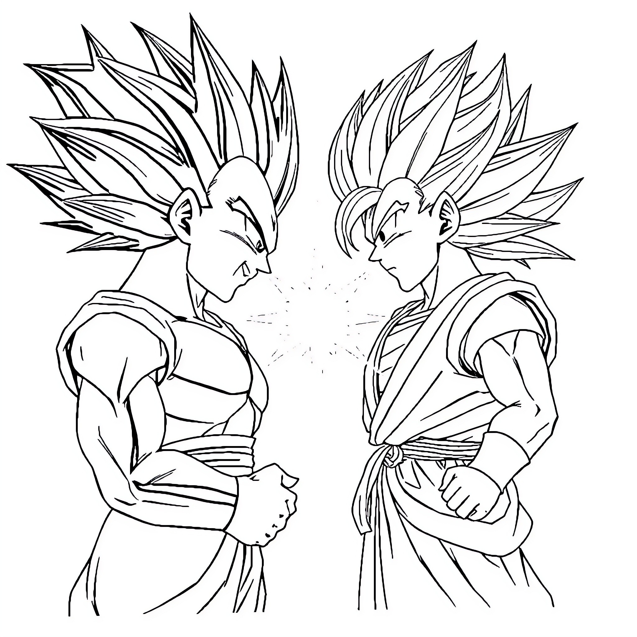 Vegeta characters fighting in battle stance Coloring Page (free black-and-white line drawing printable PDF for all, from beginners to advanced learners, including children, teens, adults, and seniors)