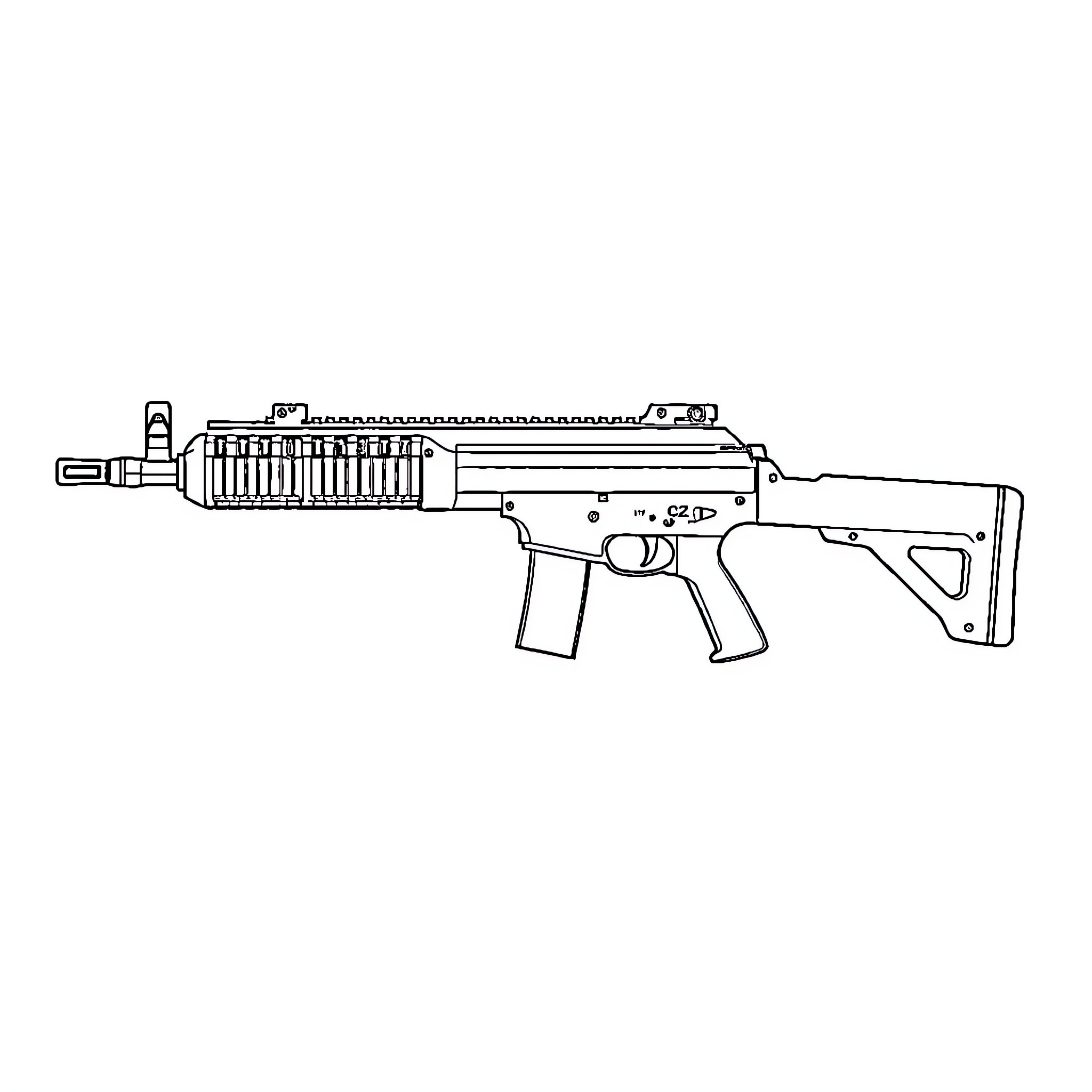 Scorpion-shaped assault rifle with tactical attachments Coloring Page (free black-and-white line drawing printable PDF for all, from beginners to advanced learners, including children, teens, adults, and seniors)