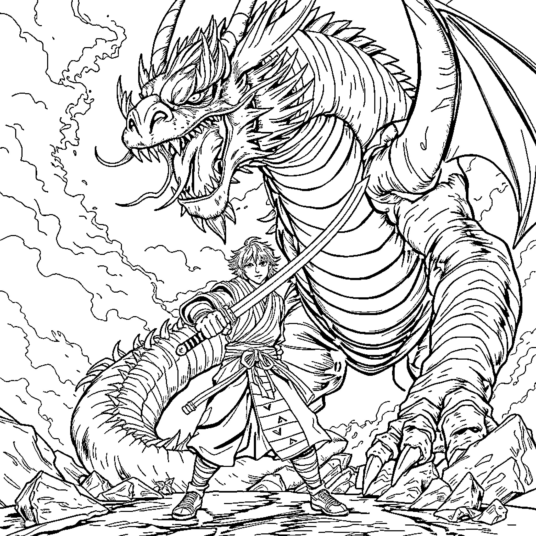 Guy battles a ferocious dragon in an epic scene Coloring Page (free black-and-white line drawing printable PDF for all, from beginners to advanced learners, including children, teens, adults, and seniors)