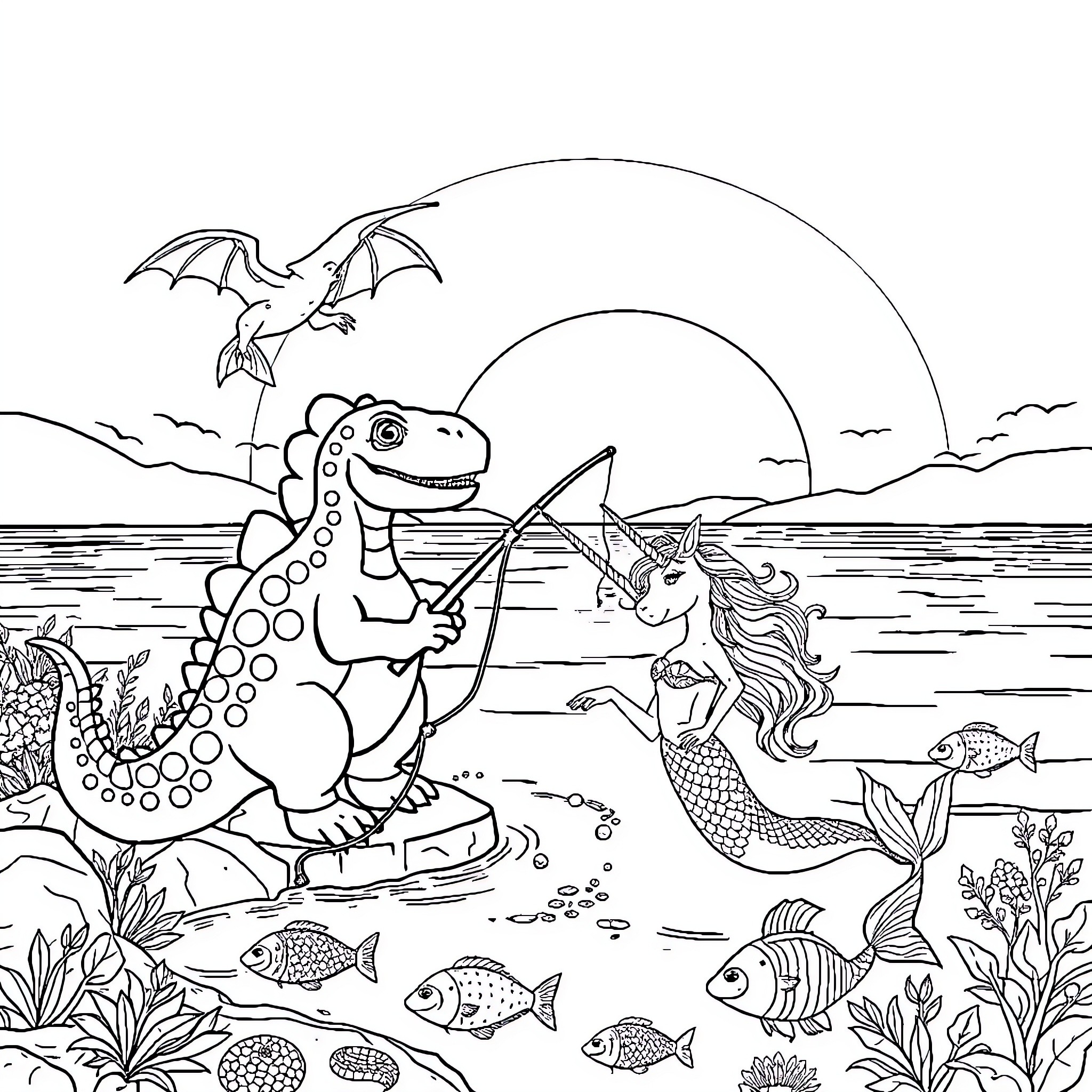 Dinosaur fishing with mermaid on a sunny day Coloring Page (free black-and-white line drawing printable PDF for all, from beginners to advanced learners, including children, teens, adults, and seniors)