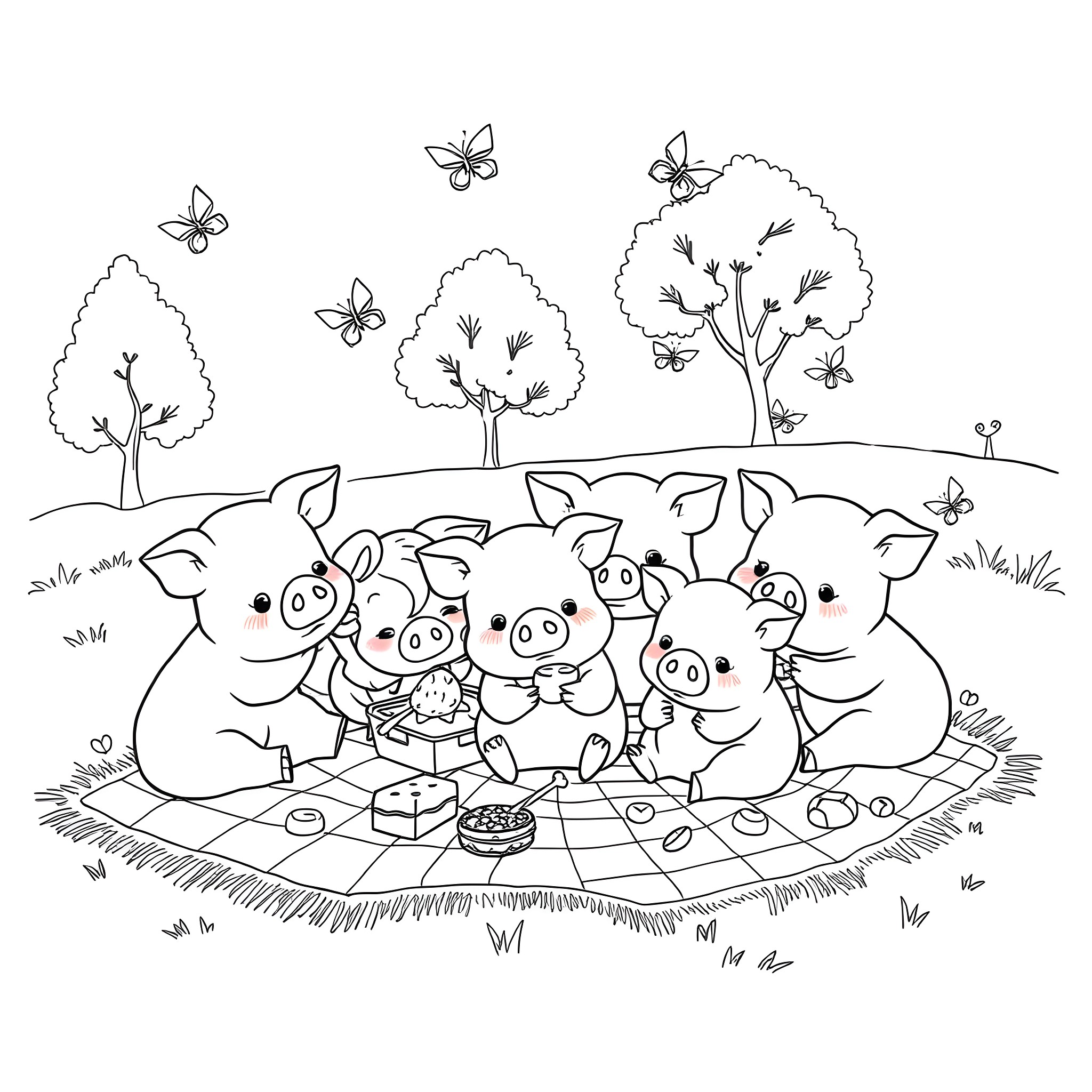 Pigs having a picnic in the park with butterflies Coloring Page (free black-and-white line drawing printable PDF for all, from beginners to advanced learners, including children, teens, adults, and seniors)