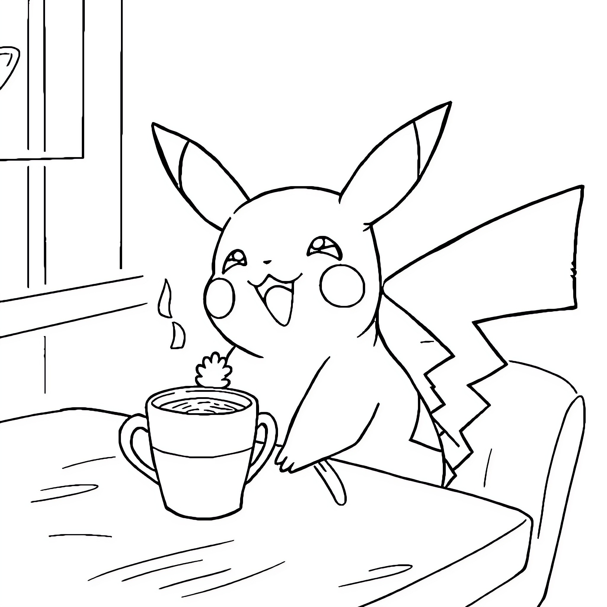 Pikachu enjoying a hot beverage Coloring Page (free black-and-white line drawing printable PDF for all, from beginners to advanced learners, including children, teens, adults, and seniors)