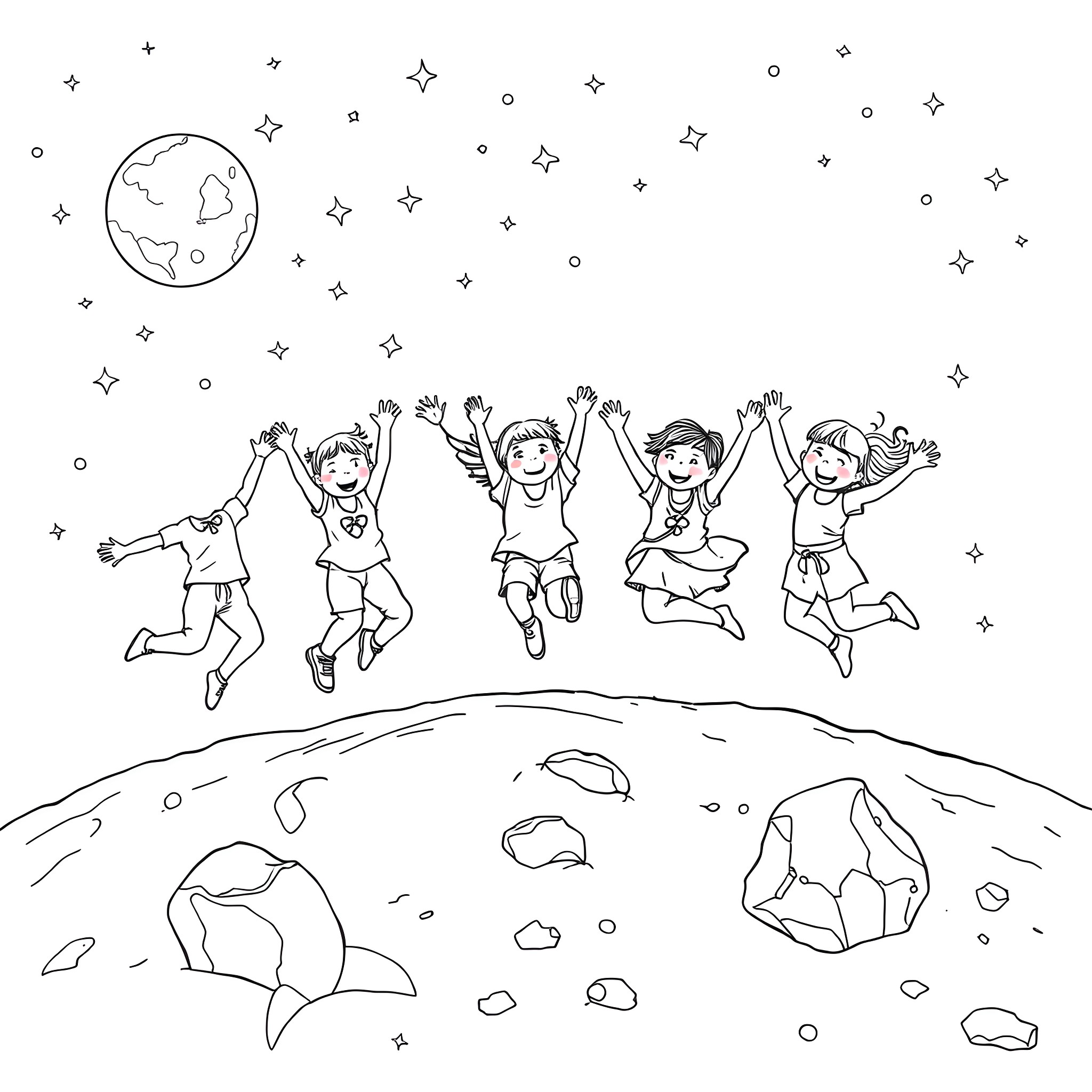 Kindergartners jumping happily under the night sky Coloring Page (free black-and-white line drawing printable PDF for all, from beginners to advanced learners, including children, teens, adults, and seniors)