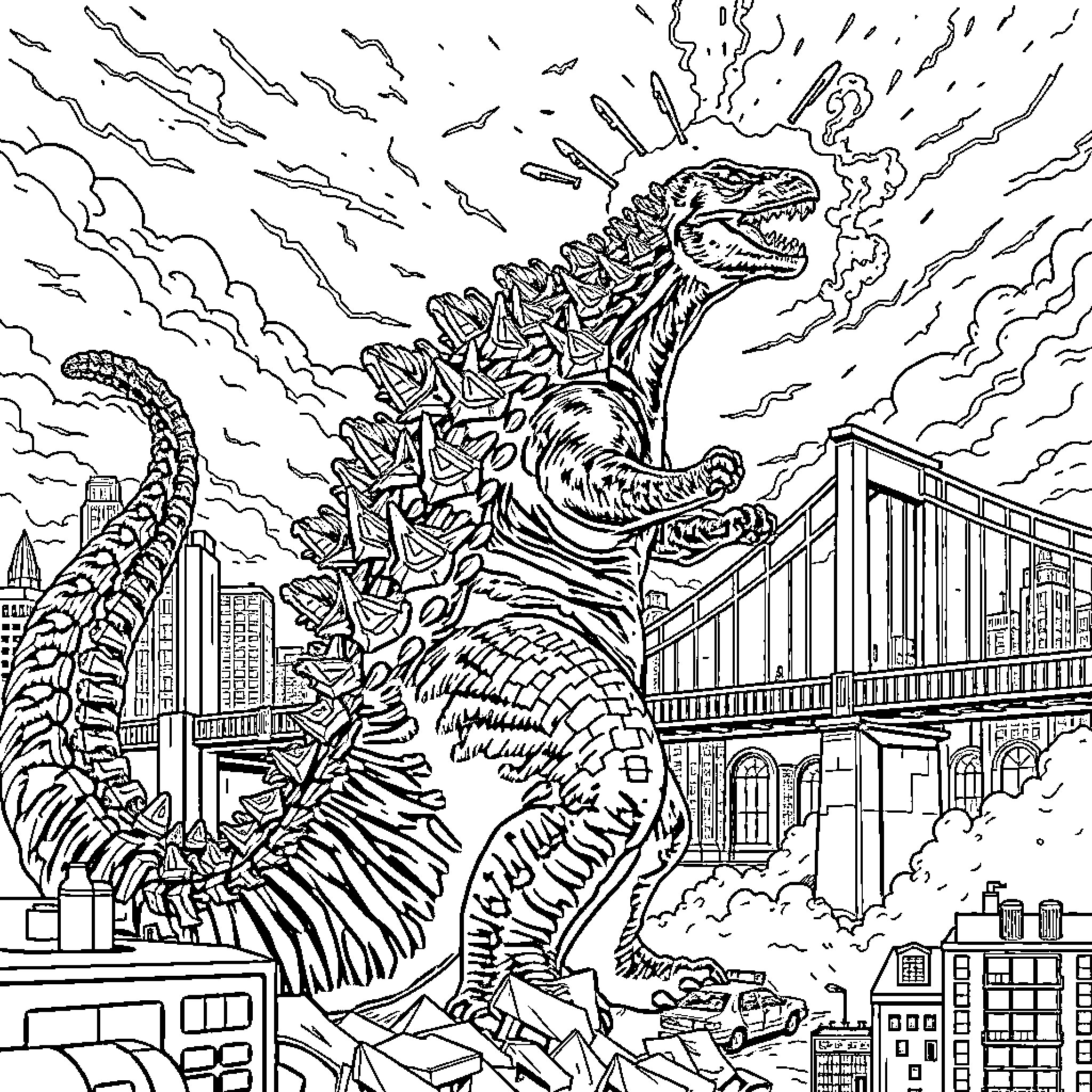 Godzilla rampaging through the city with destruction Coloring Page (free black-and-white line drawing printable PDF for all, from beginners to advanced learners, including children, teens, adults, and seniors)