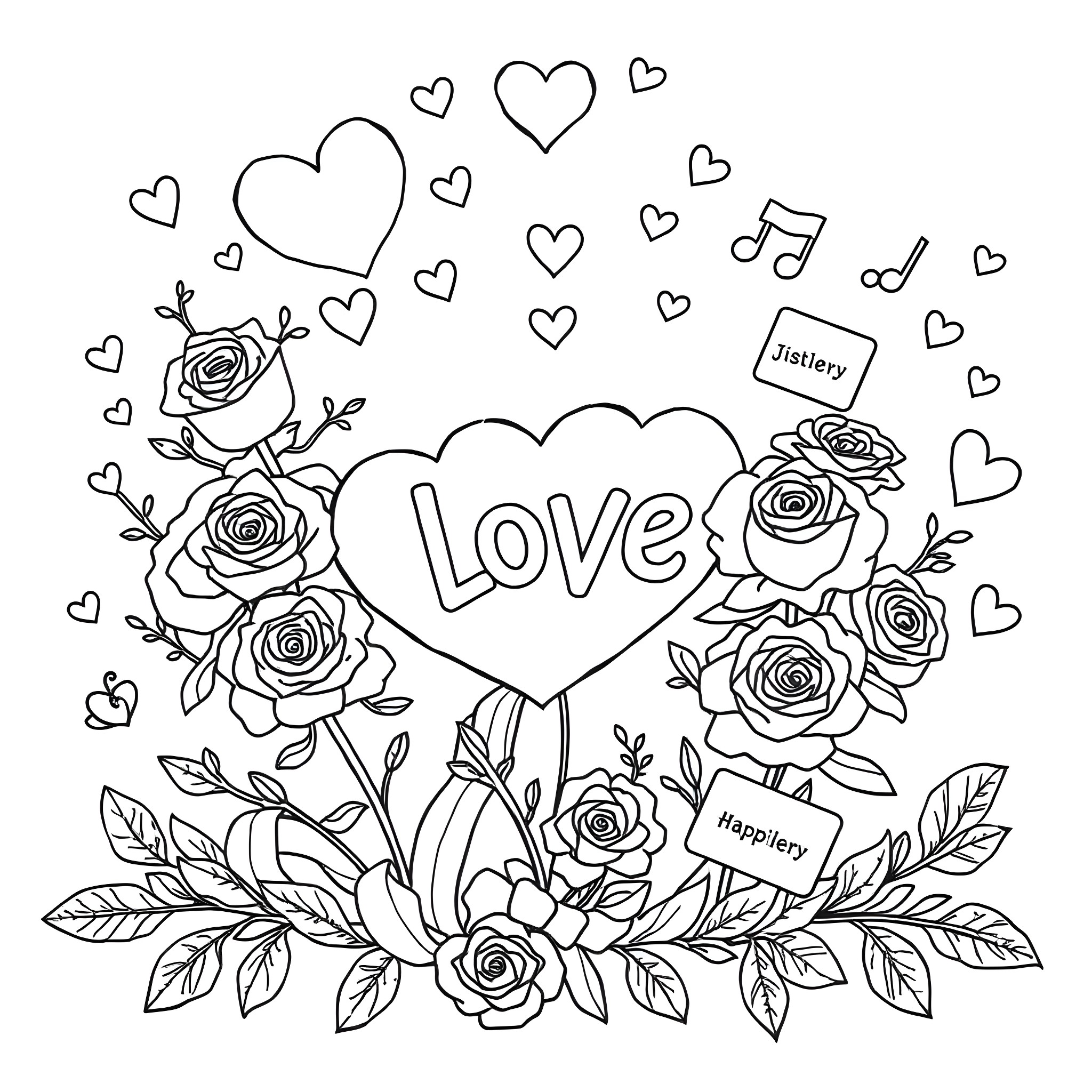 Valentine's Day floral and heart-shaped design Coloring Page (free black-and-white line drawing printable PDF for all, from beginners to advanced learners, including children, teens, adults, and seniors)