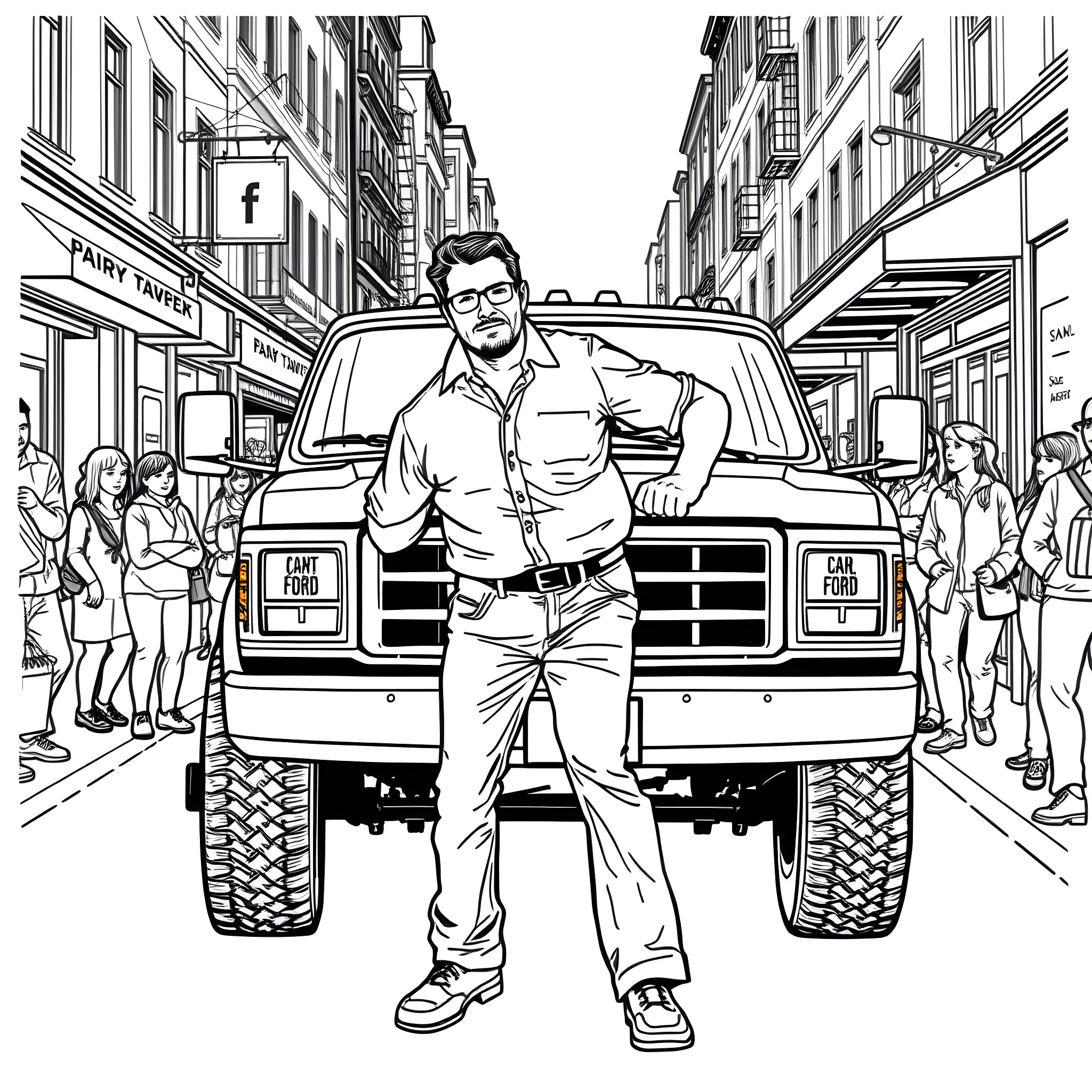 Man standing confidently in front of an off-road vehicle on a busy city street Coloring Page (free black-and-white line drawing printable PDF for all, from beginners to advanced learners, including children, teens, adults, and seniors)