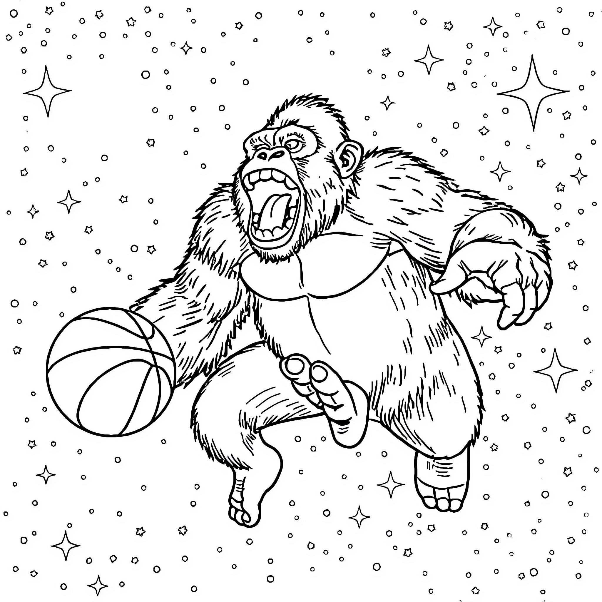 Gorilla dribbling basketball under the stars Coloring Page (free black-and-white line drawing printable PDF for all, from beginners to advanced learners, including children, teens, adults, and seniors)