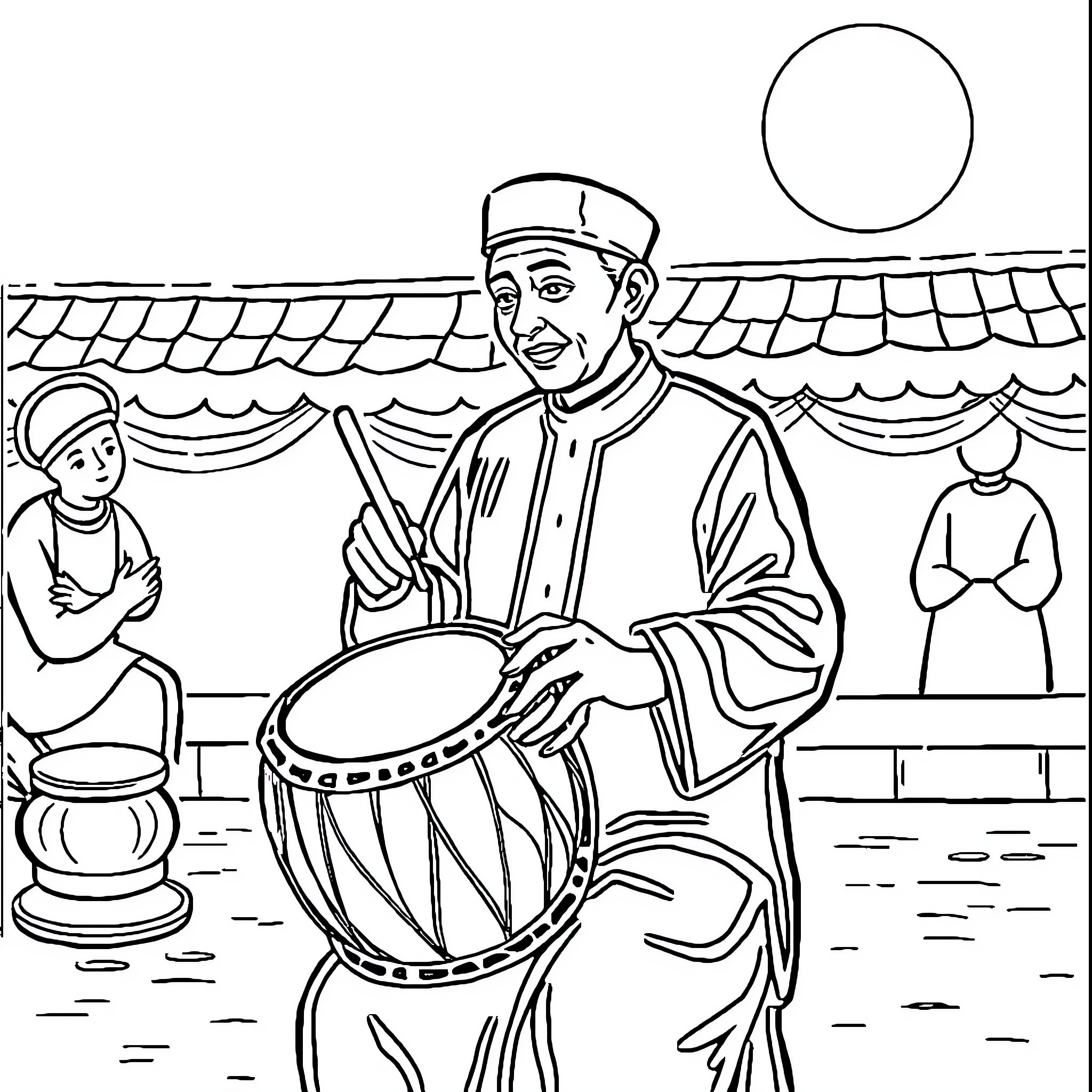 Tung Tung Festive Drum Performance Coloring Page (free black-and-white line drawing printable PDF for all, from beginners to advanced learners, including children, teens, adults, and seniors)