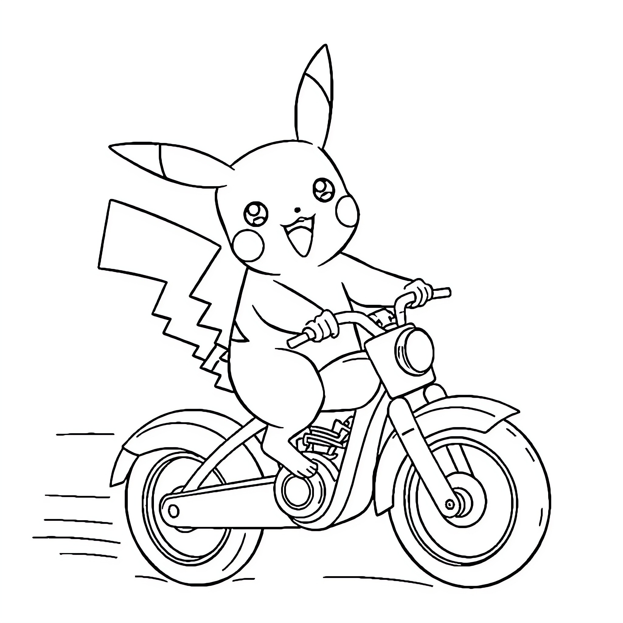 Pikachu riding a motorcycle with excitement Coloring Page (free black-and-white line drawing printable PDF for all, from beginners to advanced learners, including children, teens, adults, and seniors)
