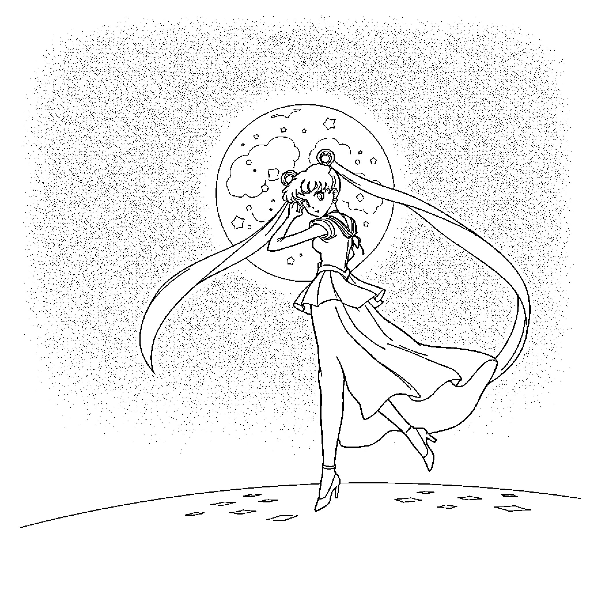 Sailor Moon dancing gracefully under the moonlight Coloring Page (free black-and-white line drawing printable PDF for all, from beginners to advanced learners, including children, teens, adults, and seniors)