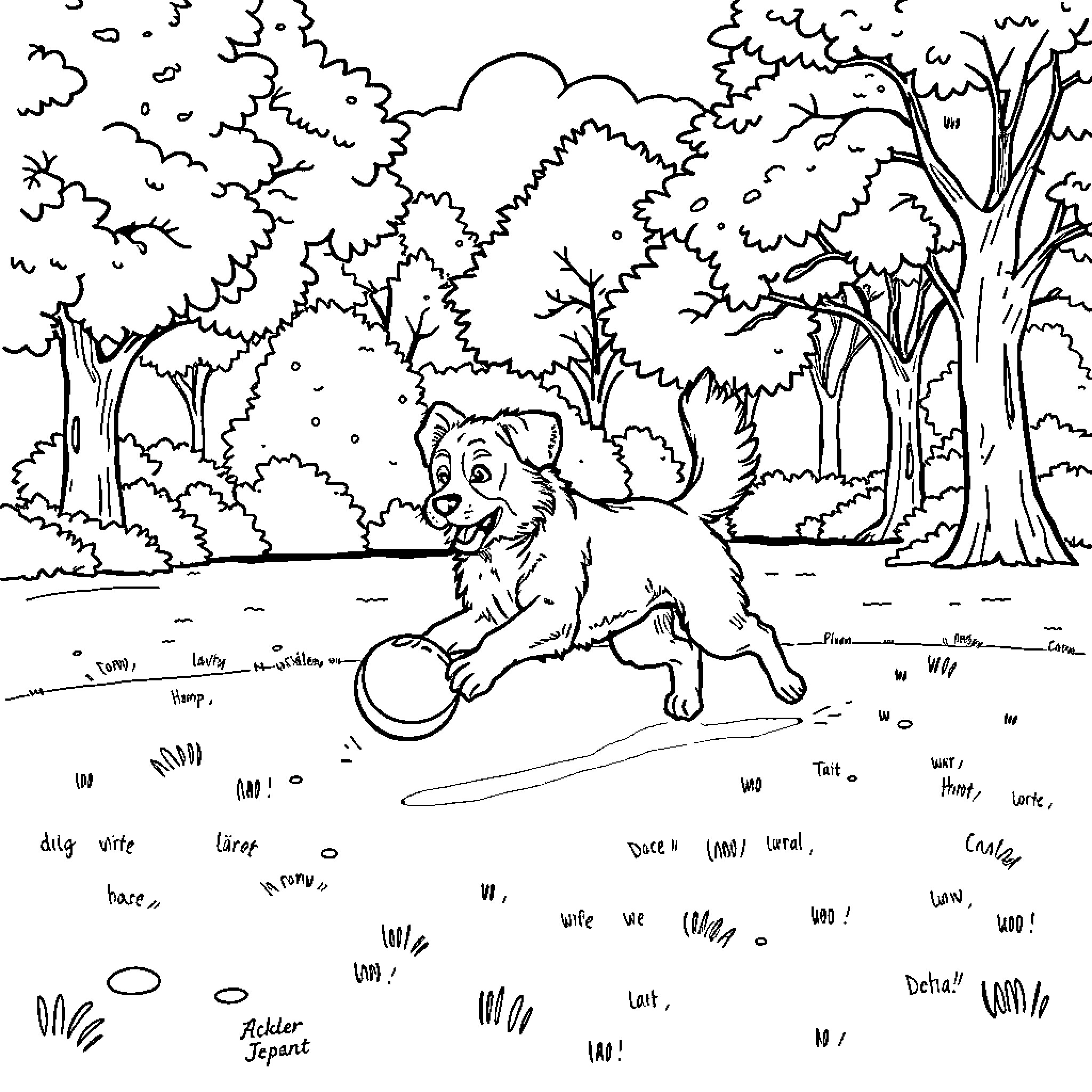 Dog playing with a frisbee in the forest Coloring Page (free black-and-white line drawing printable PDF for all, from beginners to advanced learners, including children, teens, adults, and seniors)