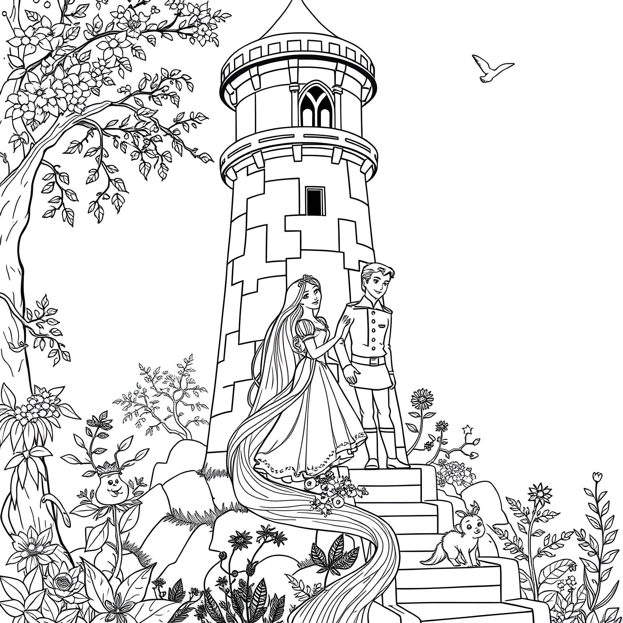 Rapunzel and Prince Charming admiring the castle in the forest Coloring Page (free black-and-white line drawing printable PDF for all, from beginners to advanced learners, including children, teens, adults, and seniors)