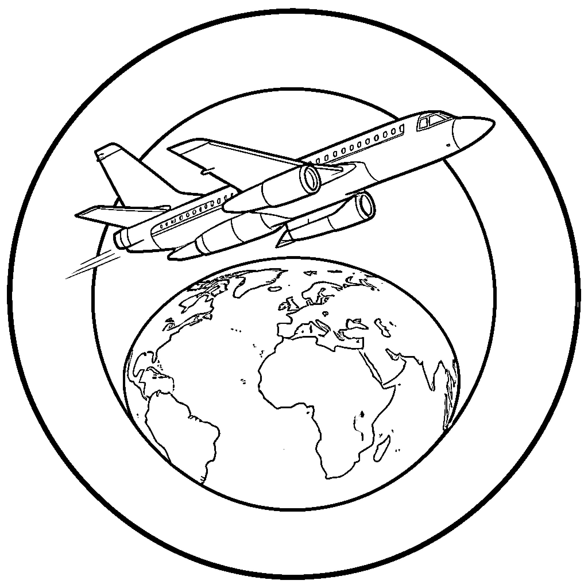 Düsenjet flying high above the globe Coloring Page (free black-and-white line drawing printable PDF for all, from beginners to advanced learners, including children, teens, adults, and seniors)