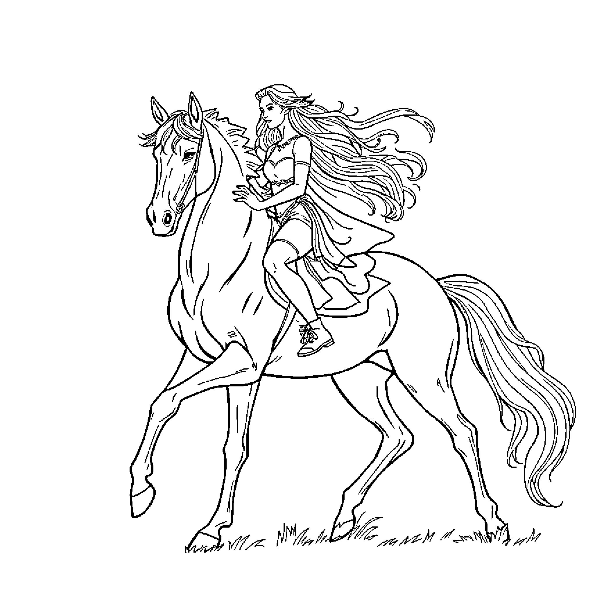 Horse and rider in graceful motion Coloring Page (free black-and-white line drawing printable PDF for all, from beginners to advanced learners, including children, teens, adults, and seniors)
