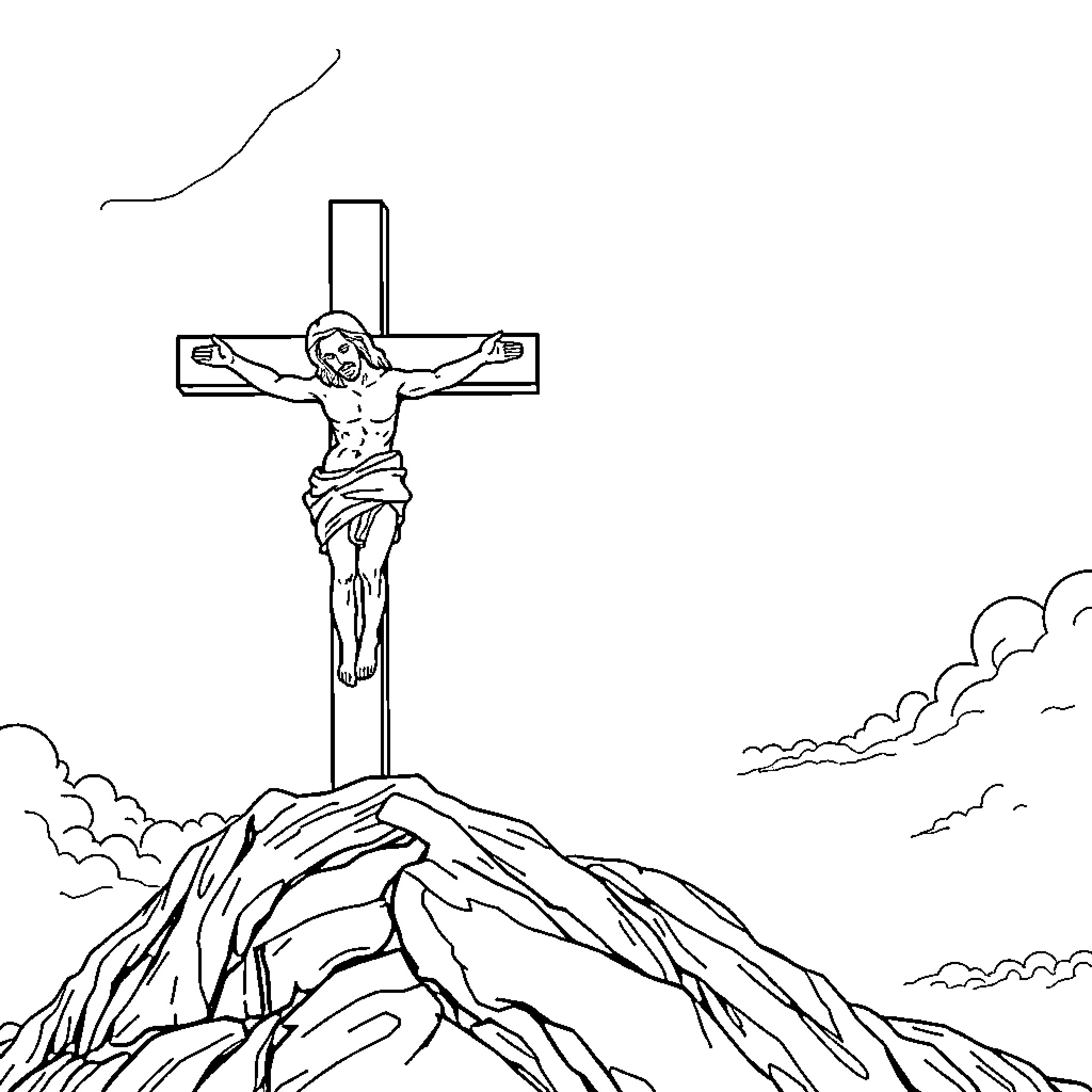 Jesus crucified on the cross in the mountains Coloring Page (free black-and-white line drawing printable PDF for all, from beginners to advanced learners, including children, teens, adults, and seniors)
