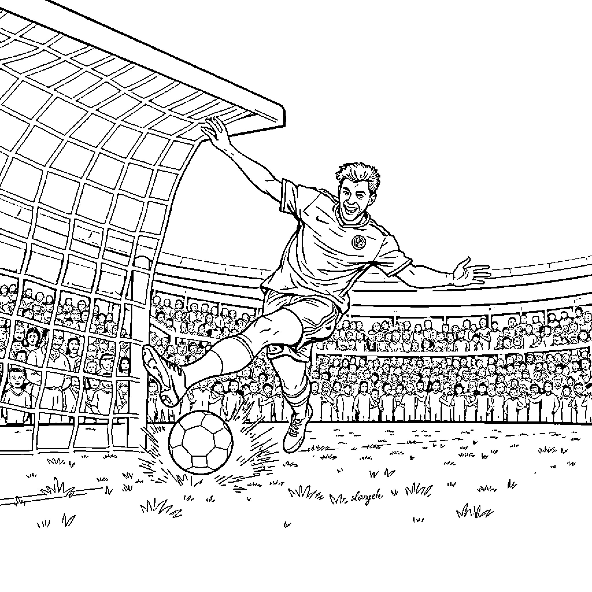 Footballer kicking ball in stadium with cheering crowd Coloring Page (free black-and-white line drawing printable PDF for all, from beginners to advanced learners, including children, teens, adults, and seniors)