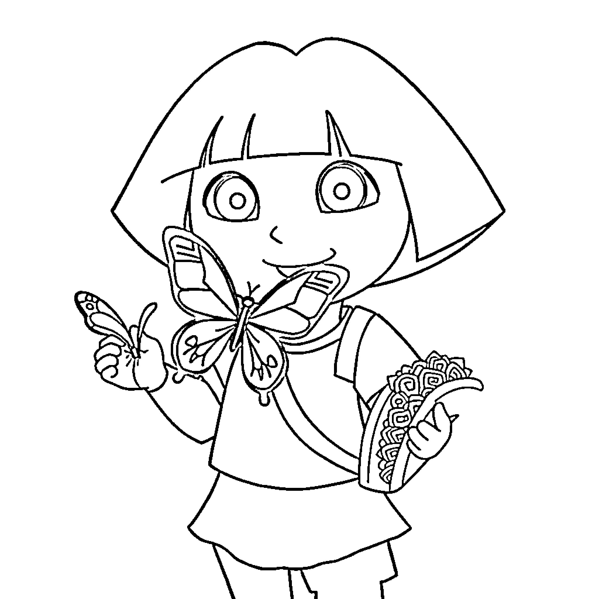 Dora exploring with a butterfly Coloring Page (free black-and-white line drawing printable PDF for all, from beginners to advanced learners, including children, teens, adults, and seniors)