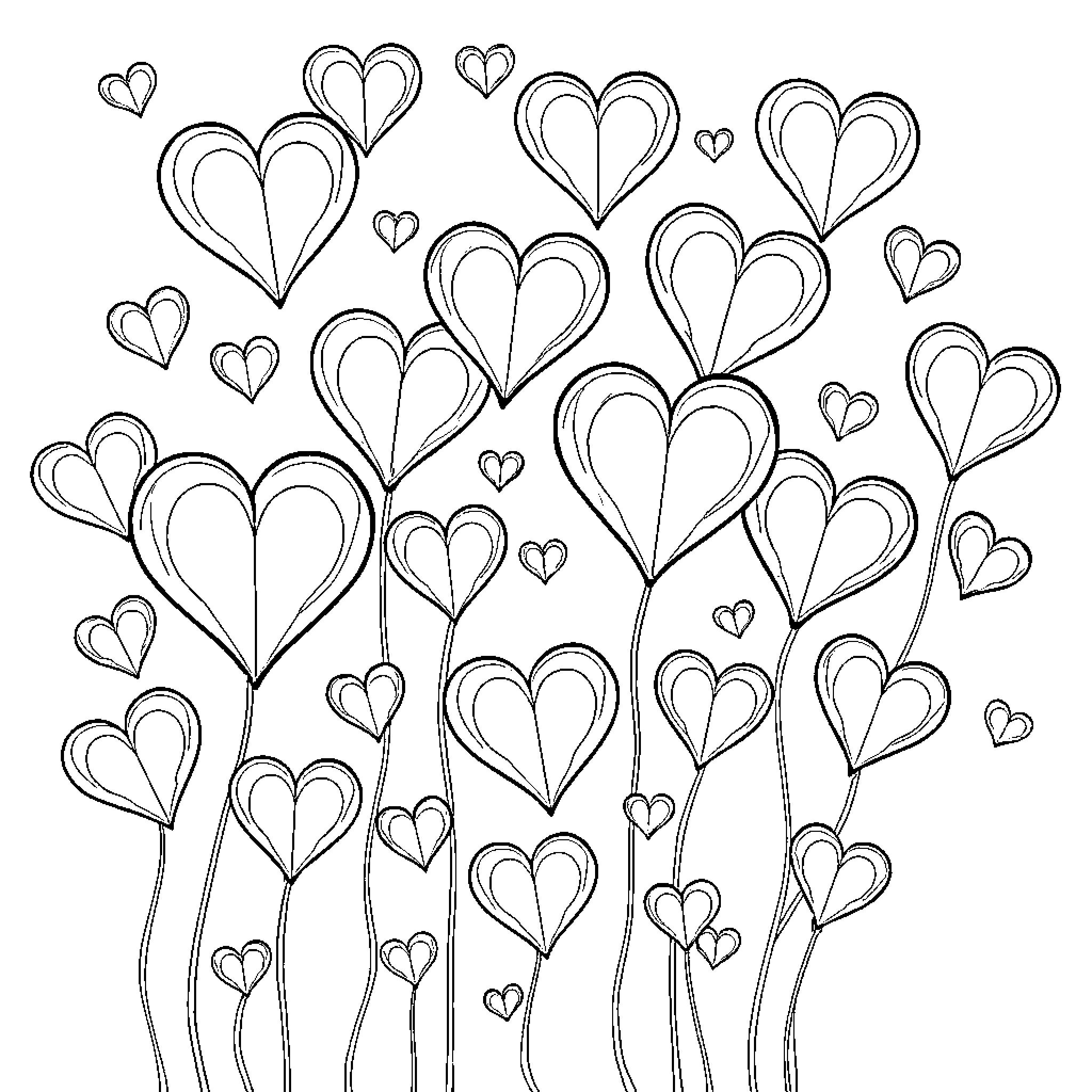 Heart-shaped Floral Field with Flourishing Love Coloring Page (free black-and-white line drawing printable PDF for all, from beginners to advanced learners, including children, teens, adults, and seniors)