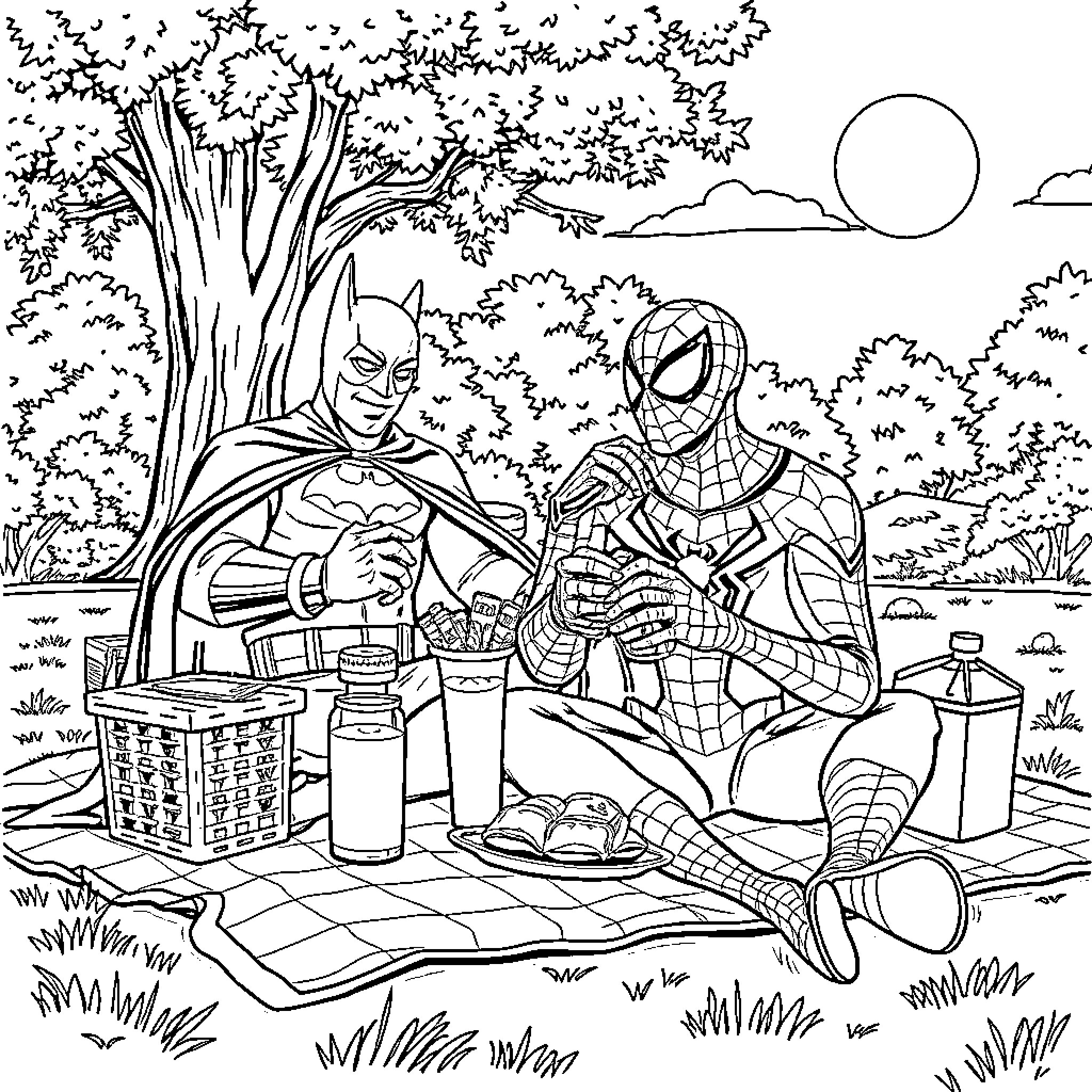 Spiderman and Batman having a picnic in the park Coloring Page (free black-and-white line drawing printable PDF for all, from beginners to advanced learners, including children, teens, adults, and seniors)