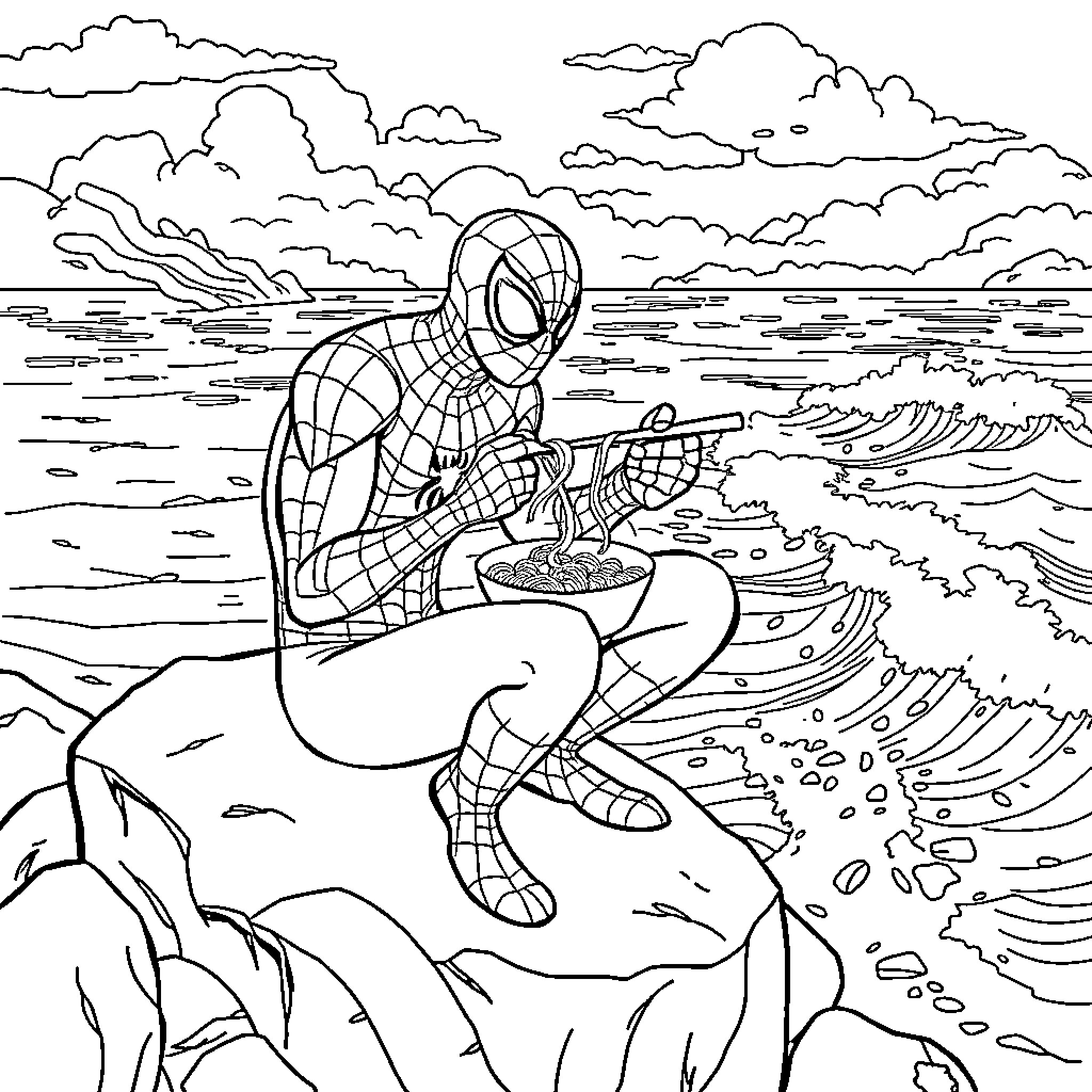 Spiderman contemplating on a rocky cliff overlooking the ocean Coloring Page (free black-and-white line drawing printable PDF for all, from beginners to advanced learners, including children, teens, adults, and seniors)