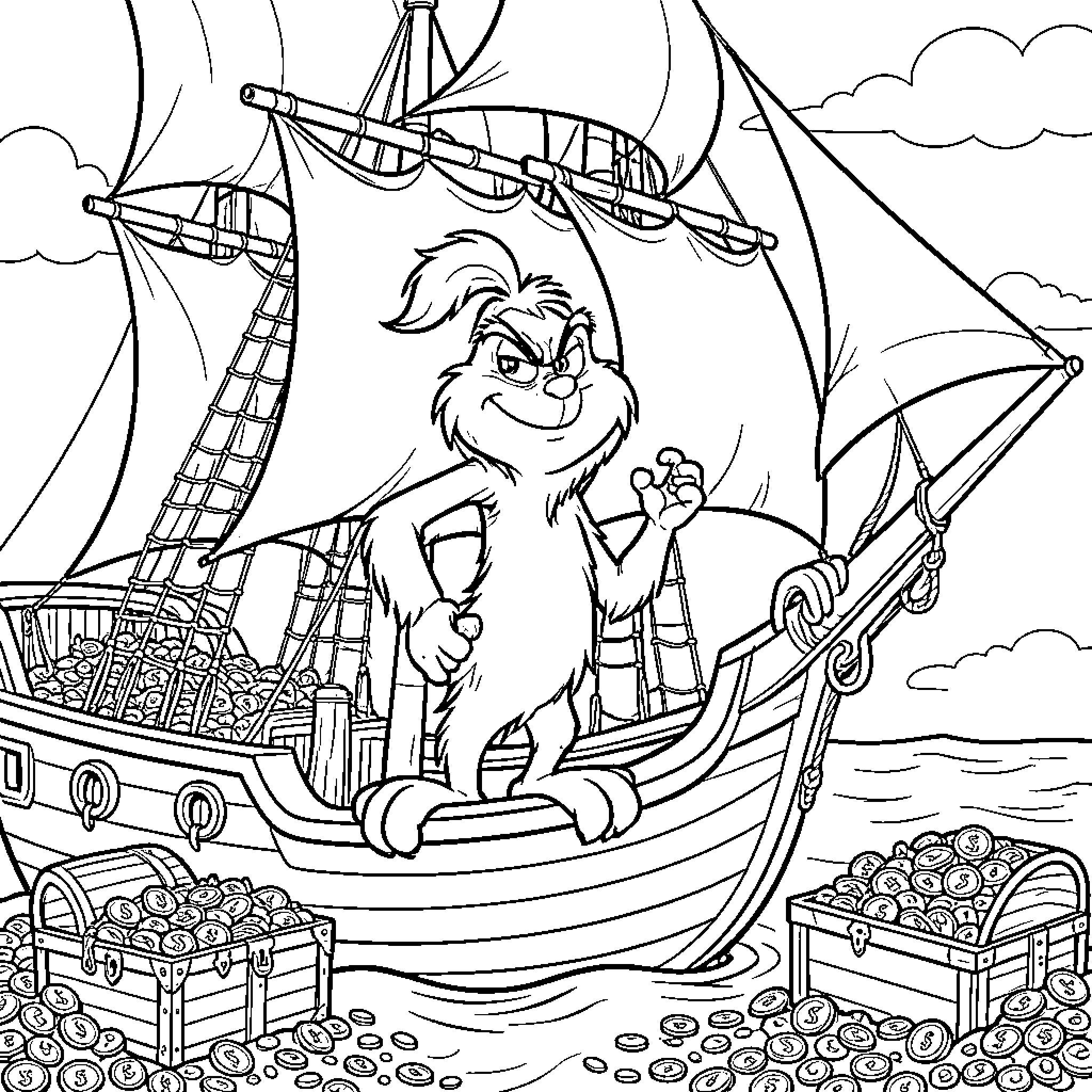 Grinch standing on a ship with treasure chests Coloring Page (free black-and-white line drawing printable PDF for all, from beginners to advanced learners, including children, teens, adults, and seniors)