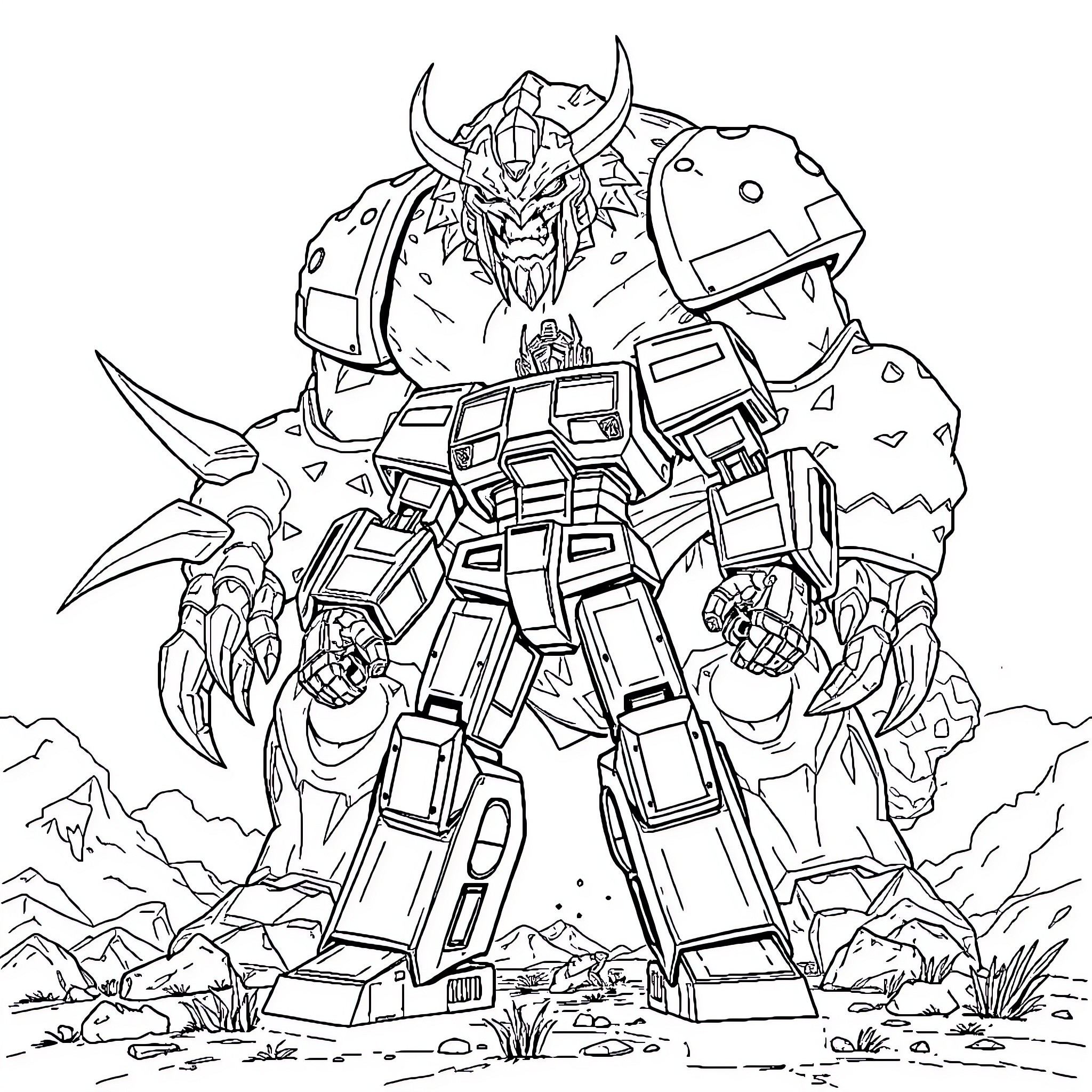 Robot Warrior Wielding Powerful Mech in Rugged Landscape Coloring Page (free black-and-white line drawing printable PDF for all, from beginners to advanced learners, including children, teens, adults, and seniors)