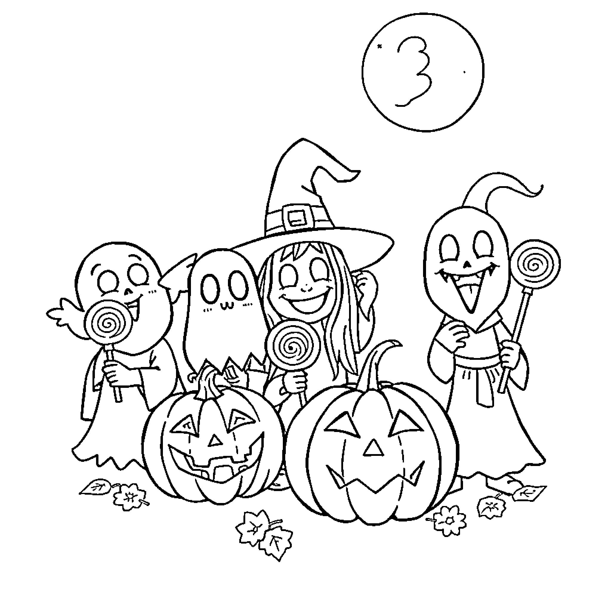 Halloween Creature Trick-or-Treating with Pumpkins Coloring Page (free black-and-white line drawing printable PDF for all, from beginners to advanced learners, including children, teens, adults, and seniors)