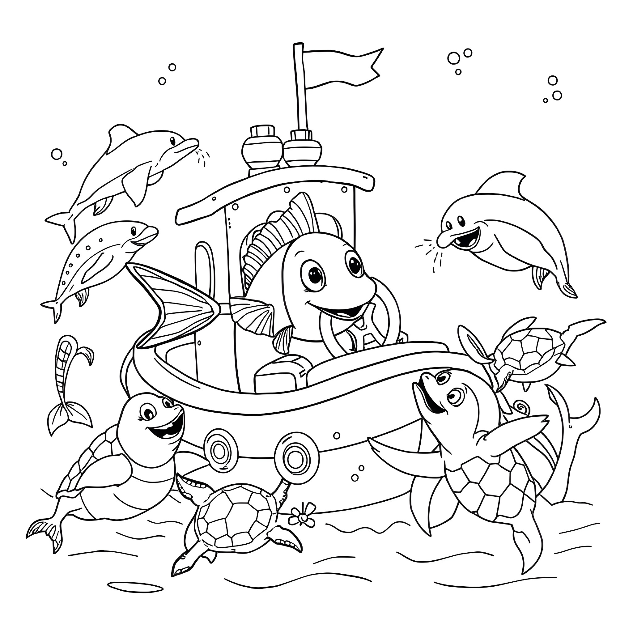 Beta Fish friends exploring the underwater world Coloring Page (free black-and-white line drawing printable PDF for all, from beginners to advanced learners, including children, teens, adults, and seniors)