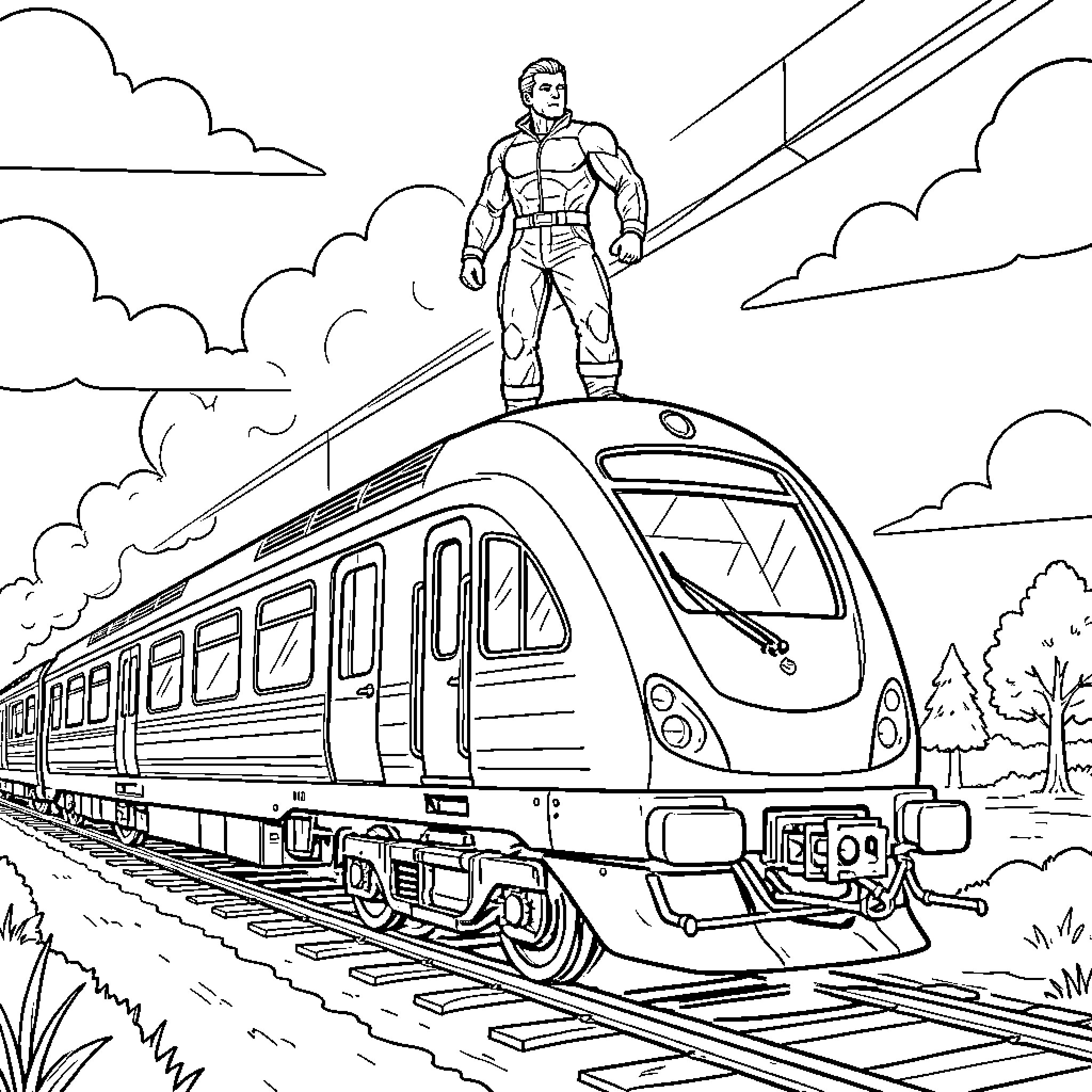 Speedheman standing heroically atop a moving train Coloring Page (free black-and-white line drawing printable PDF for all, from beginners to advanced learners, including children, teens, adults, and seniors)