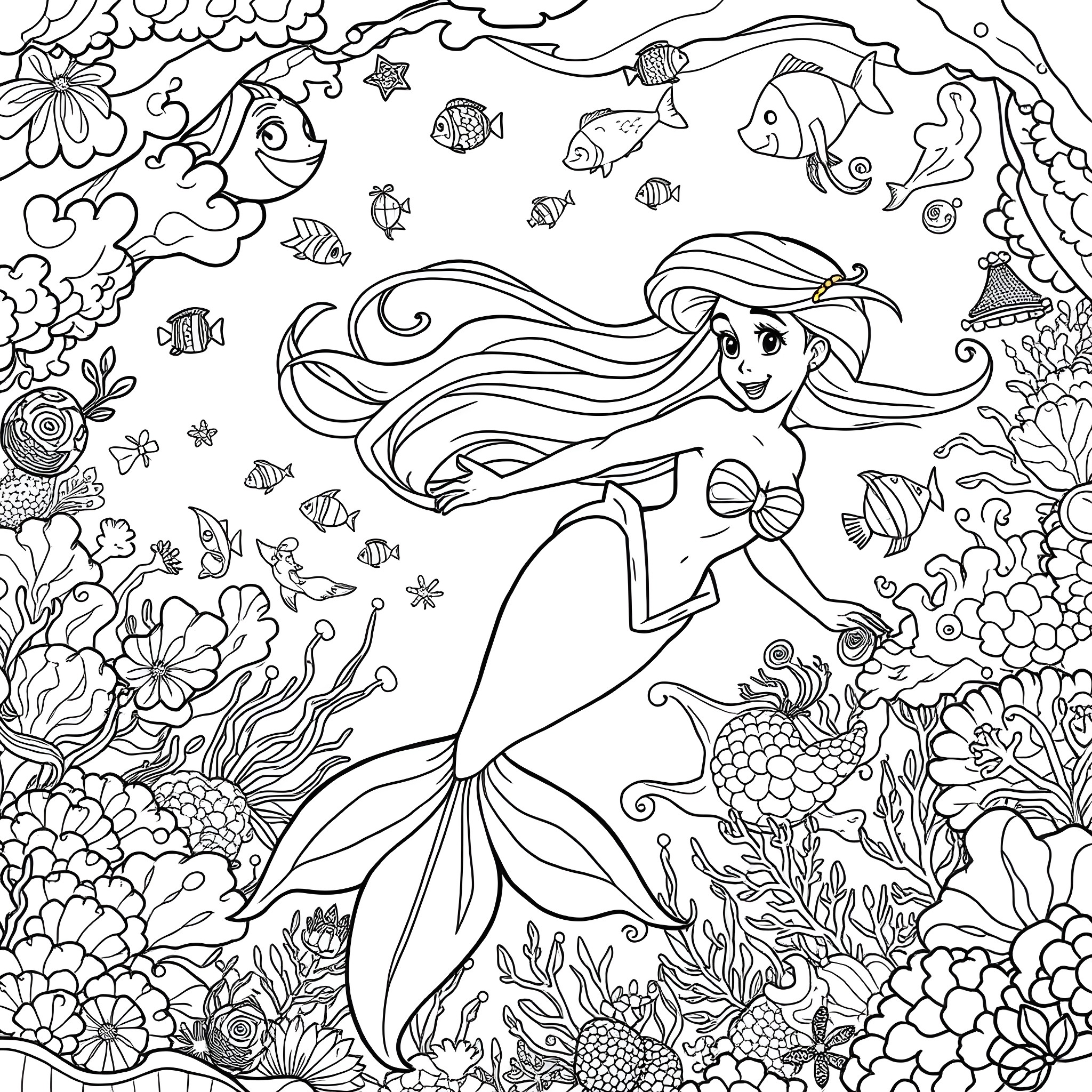 Ariel exploring the underwater world with sea creatures Coloring Page (free black-and-white line drawing printable PDF for all, from beginners to advanced learners, including children, teens, adults, and seniors)