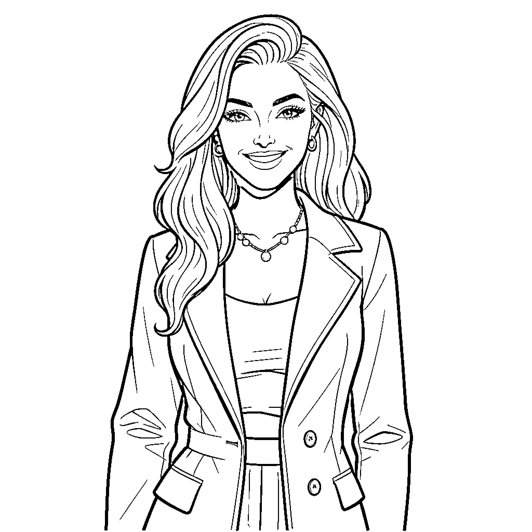 Girl in fashionable attire with confident expression Coloring Page (free black-and-white line drawing printable PDF for all, from beginners to advanced learners, including children, teens, adults, and seniors)