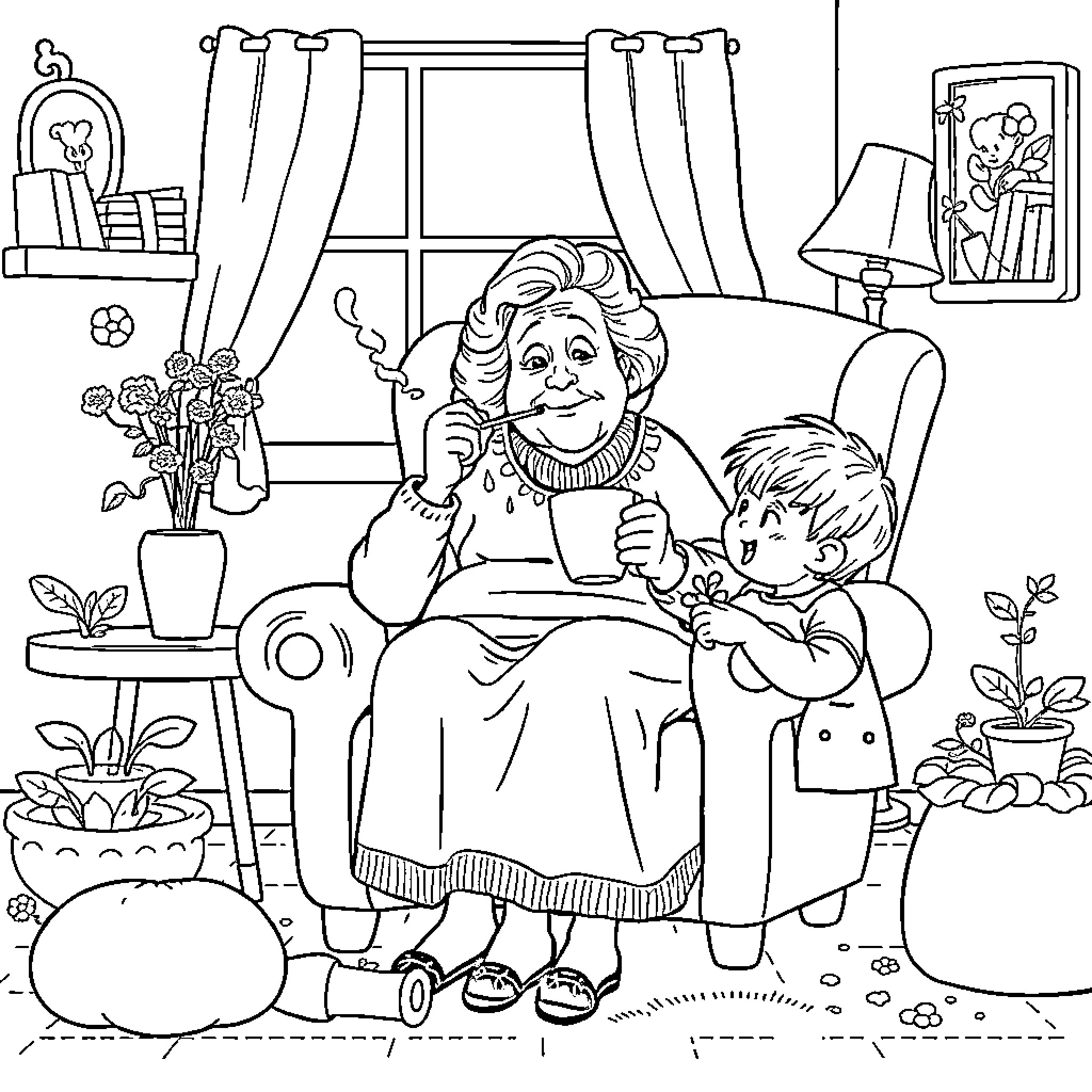 Grandmother spending quality time with her grandchild Coloring Page (free black-and-white line drawing printable PDF for all, from beginners to advanced learners, including children, teens, adults, and seniors)