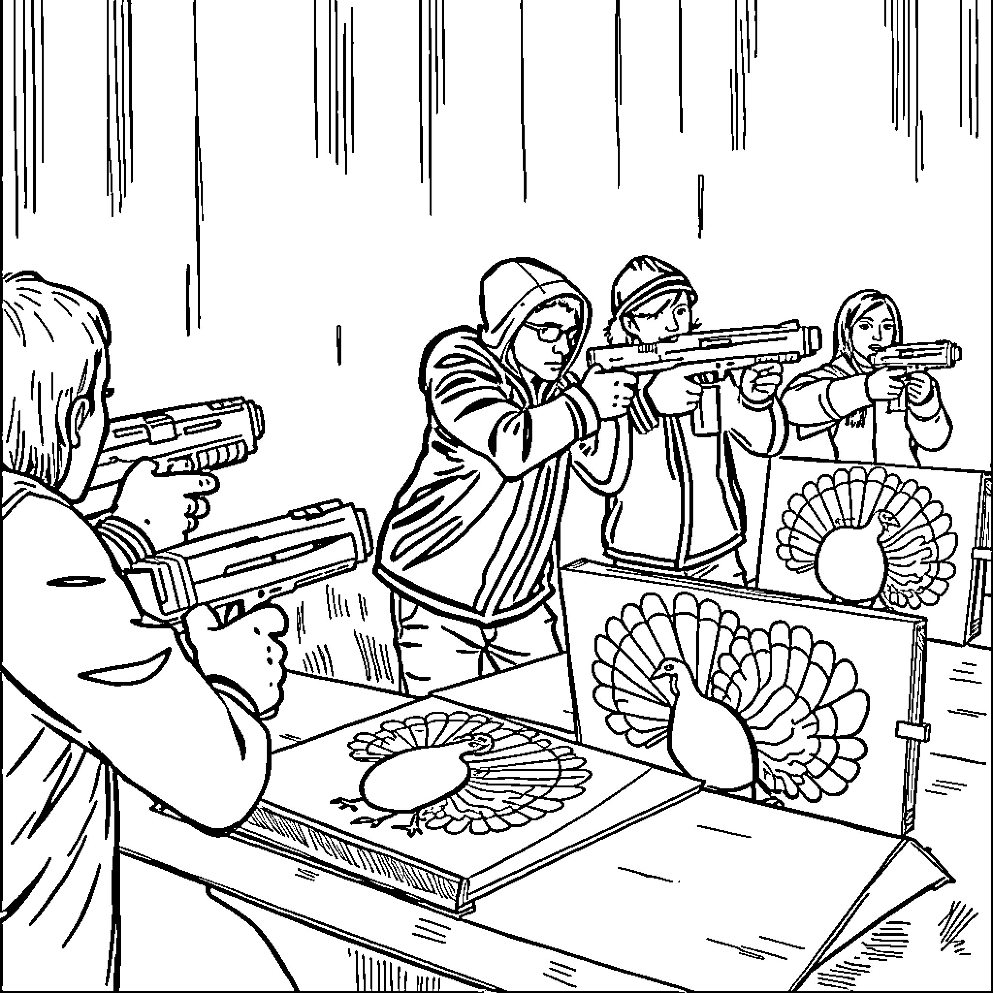Nerf Gun Battle Among Friends Coloring Page (free black-and-white line drawing printable PDF for all, from beginners to advanced learners, including children, teens, adults, and seniors)