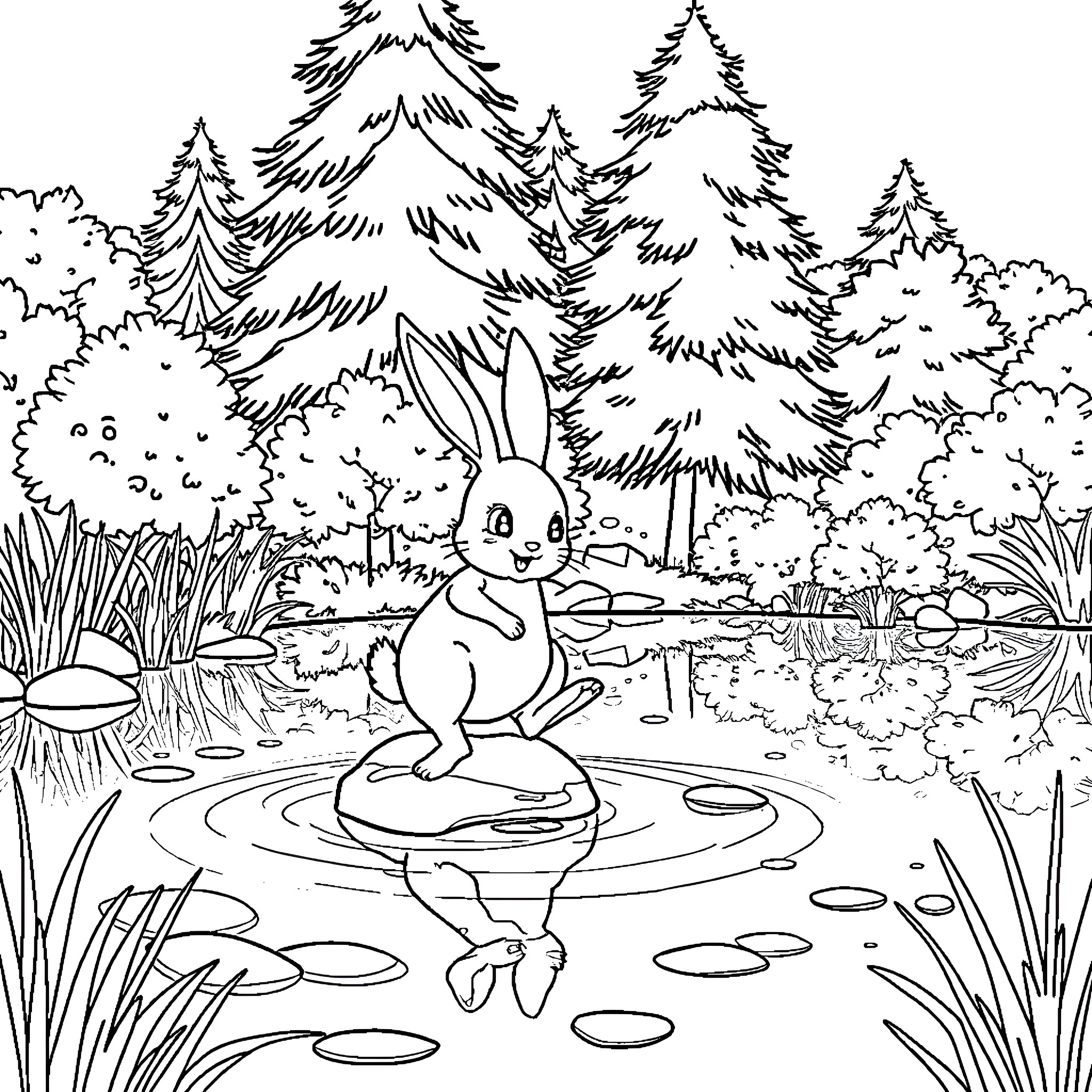 Bunny enjoying a peaceful forest pond Coloring Page (free black-and-white line drawing printable PDF for all, from beginners to advanced learners, including children, teens, adults, and seniors)