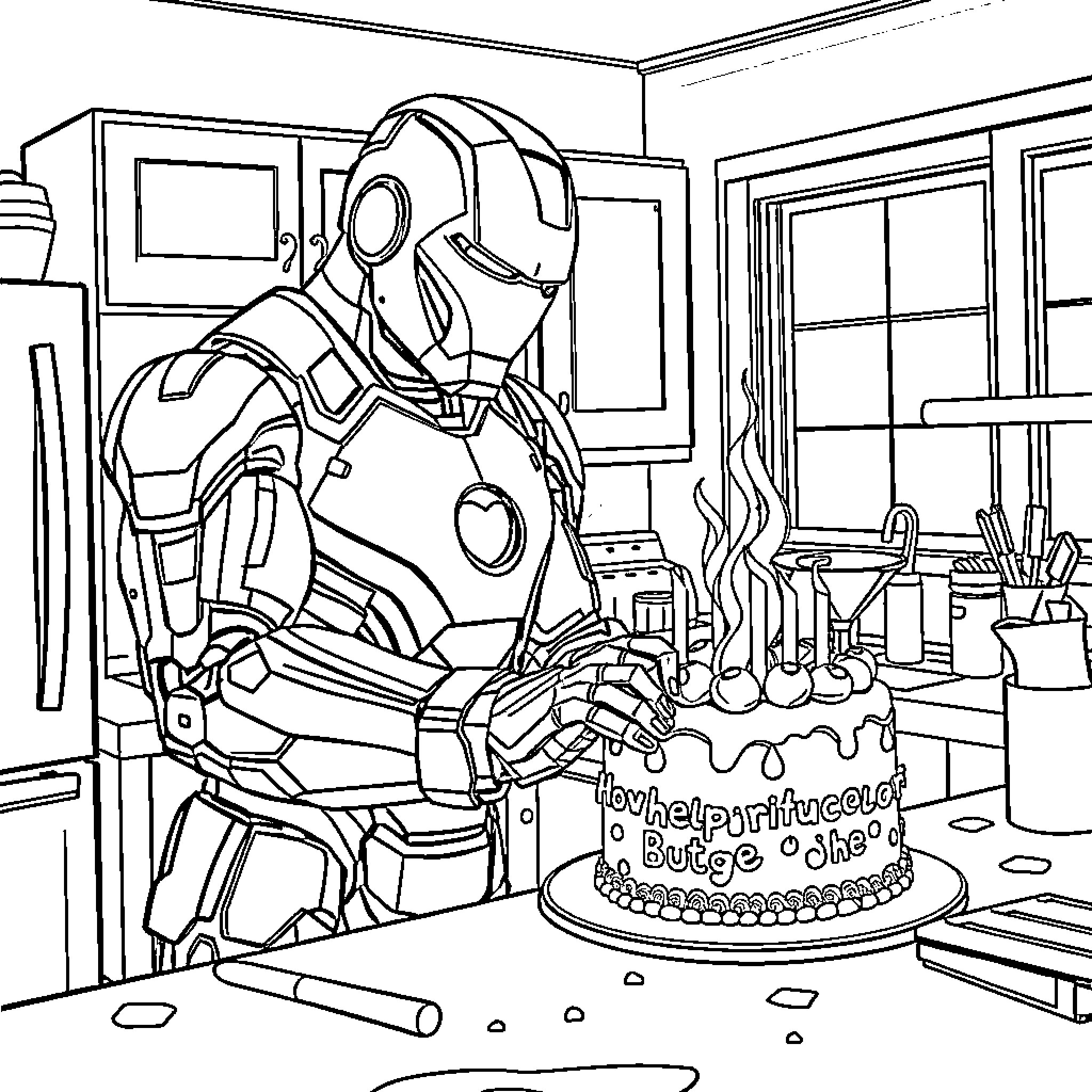 Iron Man Baking a Celebratory Cake Coloring Page (free black-and-white line drawing printable PDF for all, from beginners to advanced learners, including children, teens, adults, and seniors)