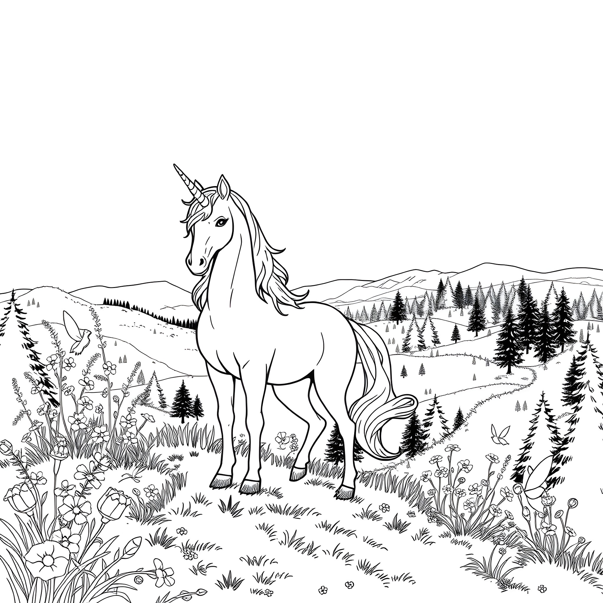 Unicorn standing majestically in enchanted forest landscape Coloring Page (free black-and-white line drawing printable PDF for all, from beginners to advanced learners, including children, teens, adults, and seniors)