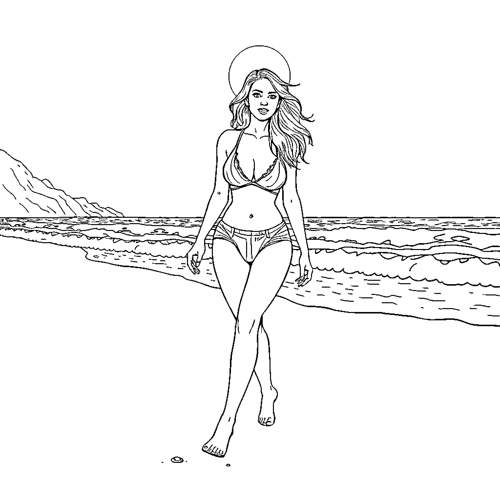 Megan Fox strolling on the beach in a swimsuit Coloring Page (free black-and-white line drawing printable PDF for all, from beginners to advanced learners, including children, teens, adults, and seniors)
