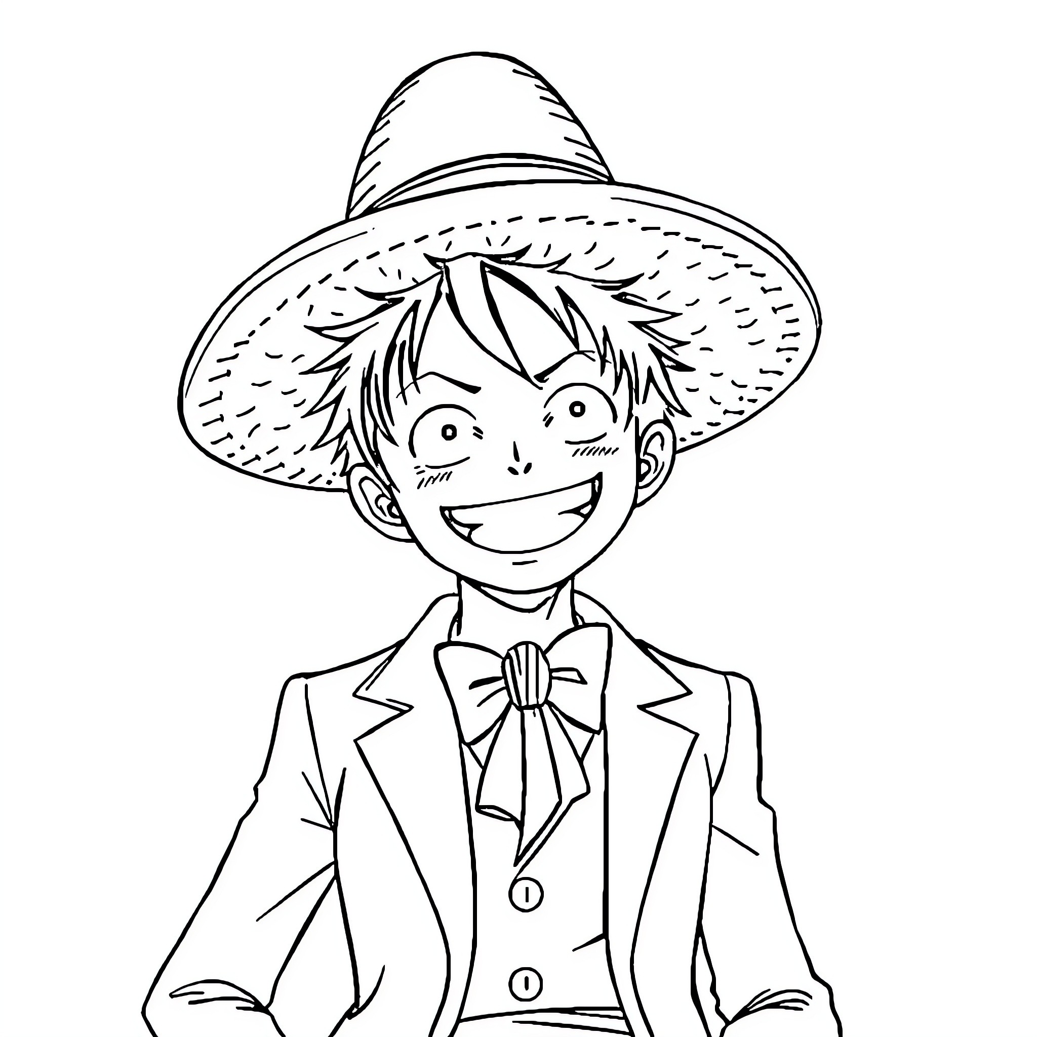 Luffy wearing a festive hat with a cheerful expression Coloring Page (free black-and-white line drawing printable PDF for all, from beginners to advanced learners, including children, teens, adults, and seniors)