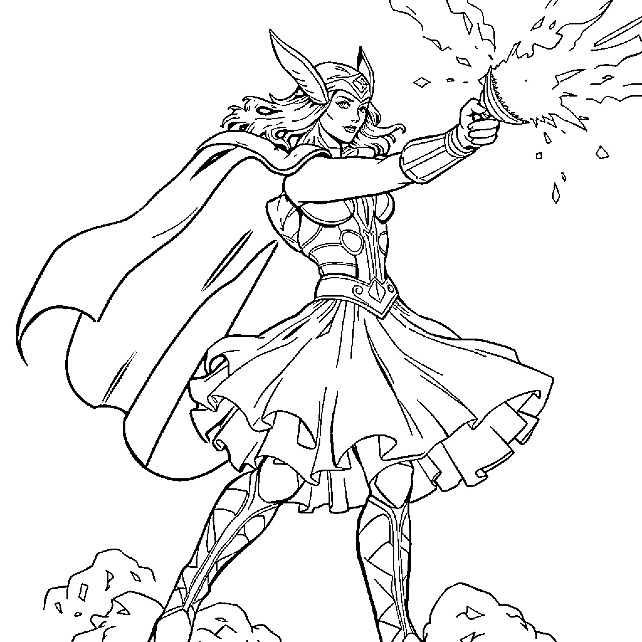 Thor's Mighty Battle Stance Coloring Page (free black-and-white line drawing printable PDF for all, from beginners to advanced learners, including children, teens, adults, and seniors)