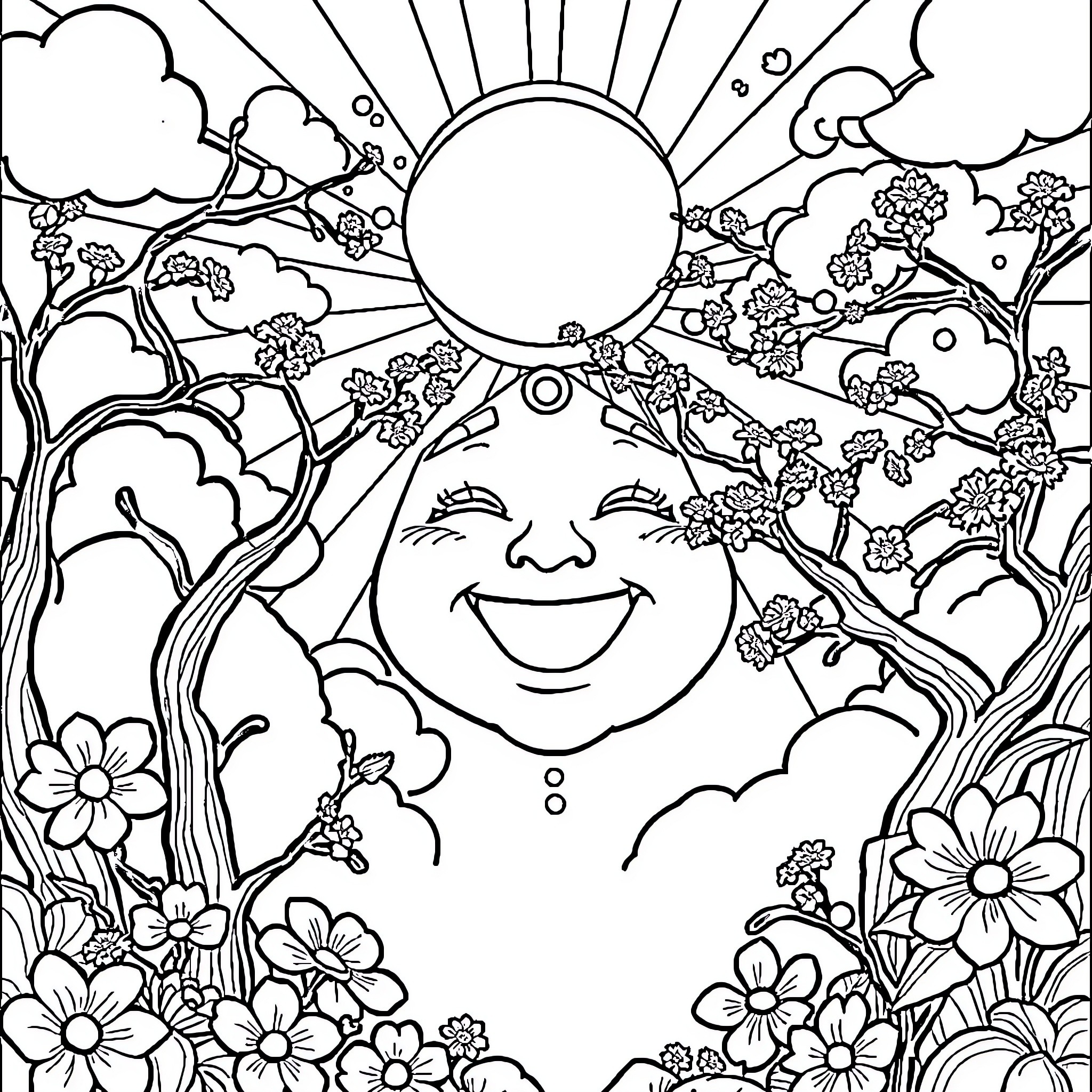 Happiness in the Blossoming Landscape Coloring Page (free black-and-white line drawing printable PDF for all, from beginners to advanced learners, including children, teens, adults, and seniors)