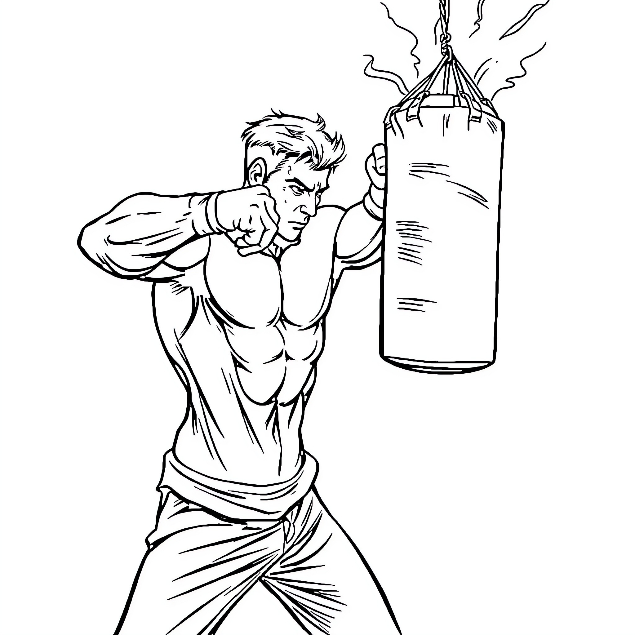 Figure of a Boxer Training with a Punching Bag Coloring Page (free black-and-white line drawing printable PDF for all, from beginners to advanced learners, including children, teens, adults, and seniors)