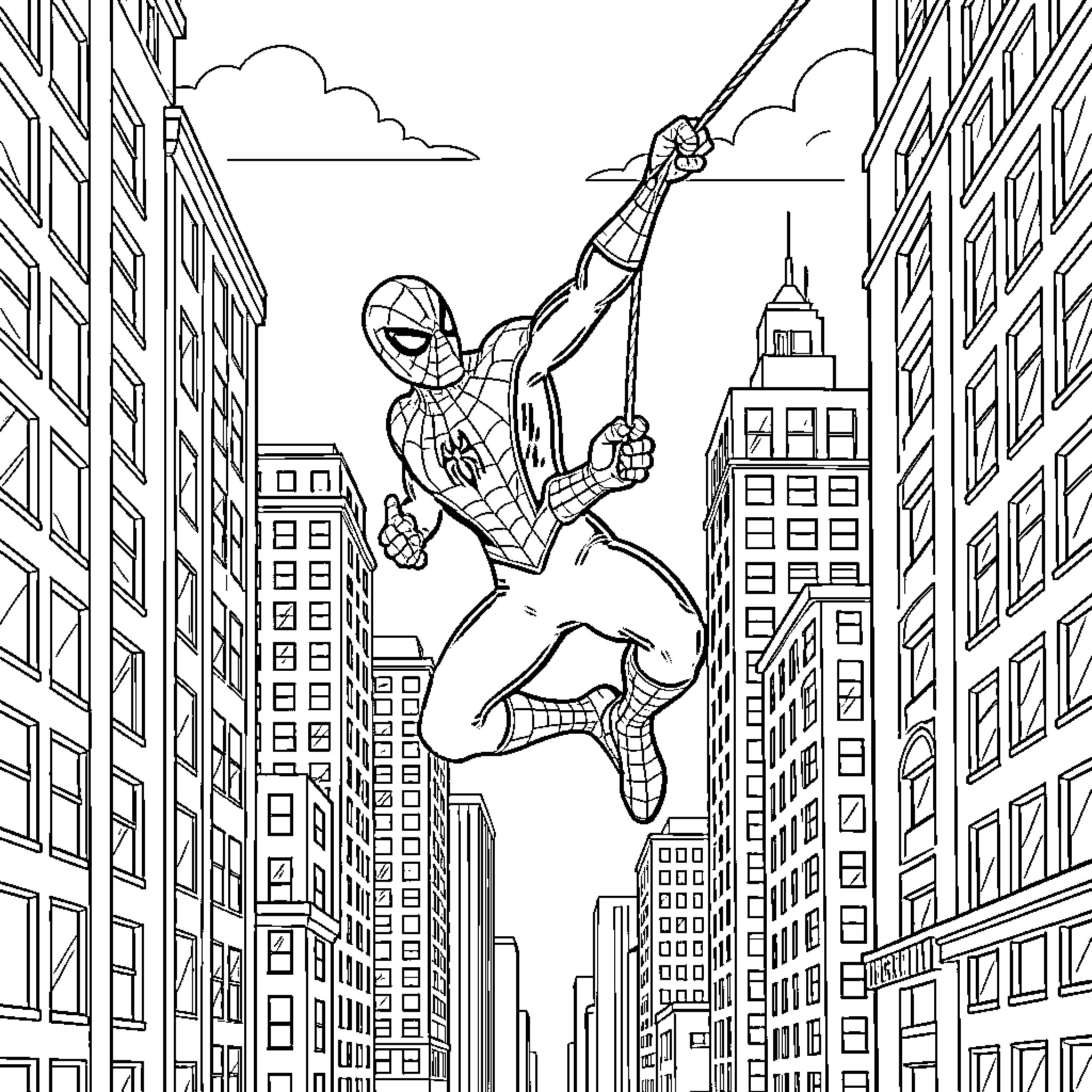 Spider-Man swinging through the city skyline Coloring Page (free black-and-white line drawing printable PDF for all, from beginners to advanced learners, including children, teens, adults, and seniors)