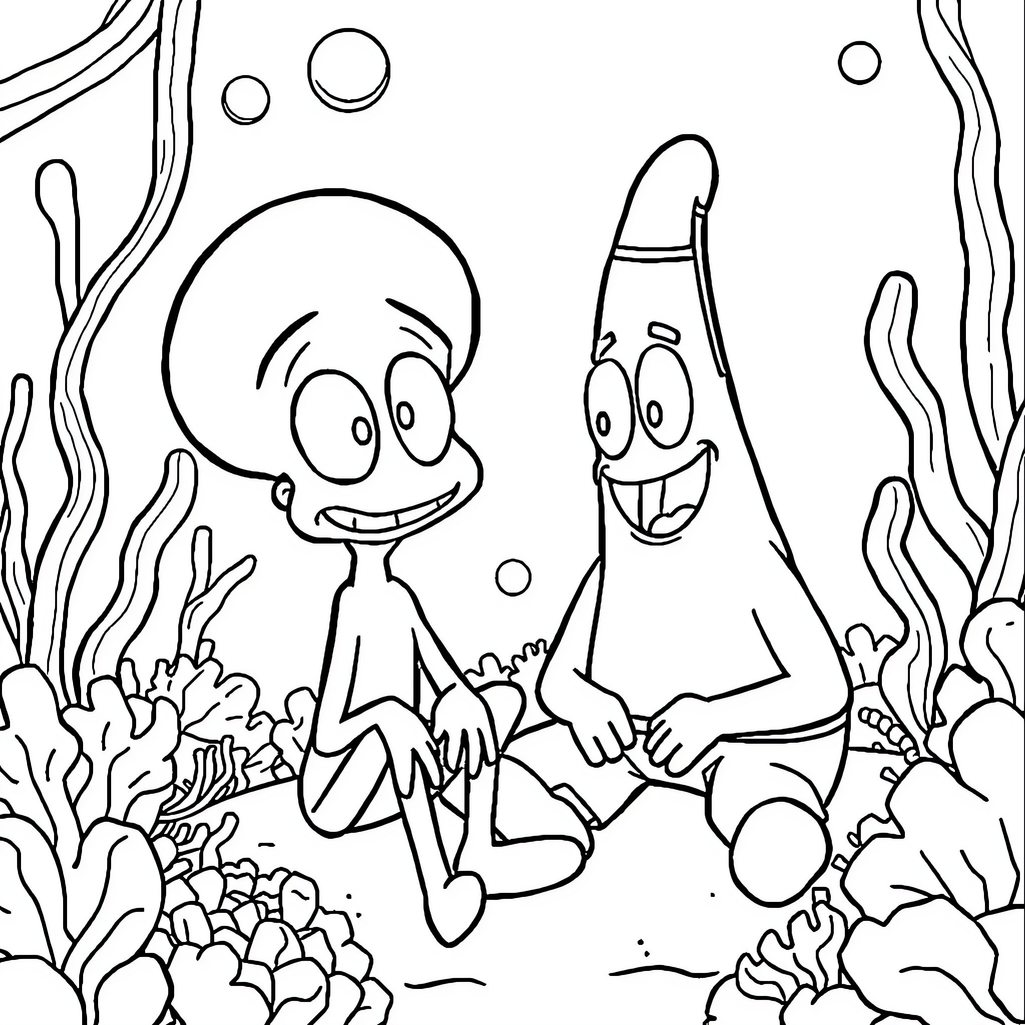 Squidward and Patrick exploring the ocean floor Coloring Page (free black-and-white line drawing printable PDF for all, from beginners to advanced learners, including children, teens, adults, and seniors)